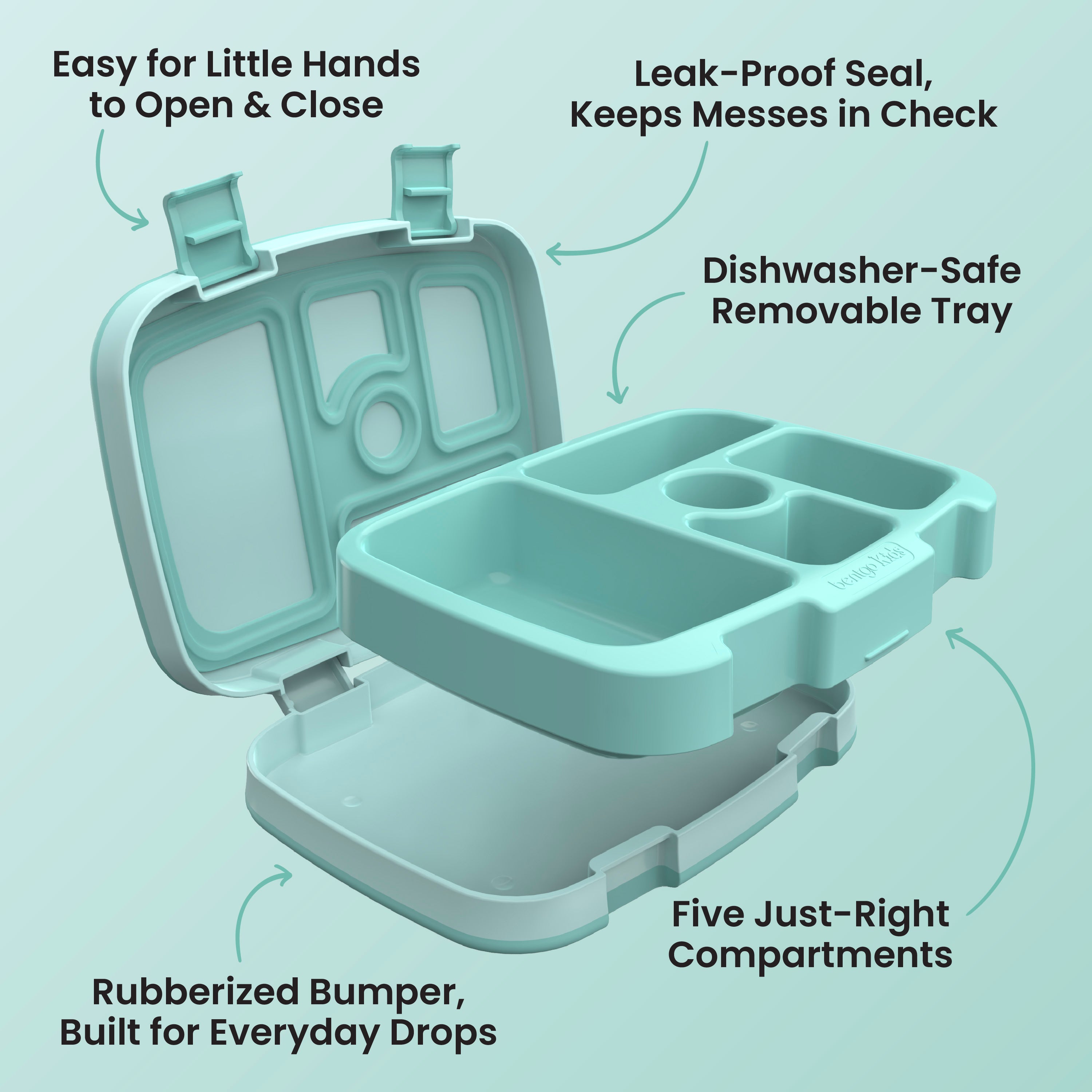 Bentgo® Kids Lunch Box - Seafoam | Easy for Little Hands to Open & Close, Leak-Proof Seal - Keeps Messes in Check, Dishwasher-Safe Removable Tray, Five Just Right Compartments, and Rubberized Bumper - Built for Everyday Drops