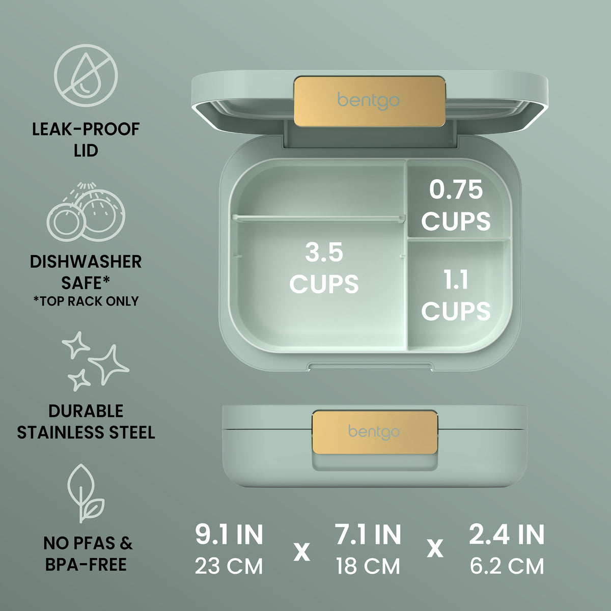 Bentgo® Modern Lunch Box - Mint Green | Product Dimensions | Leak-Resistant, Microwave Safe Tray, Dishwasher Safe Tray, and No PFAs & BPA-Free