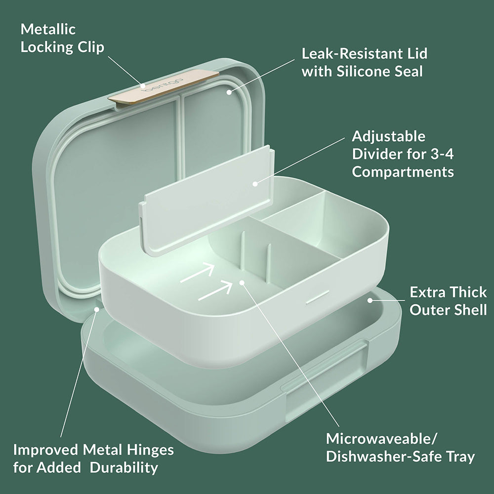 Bentgo® Modern Lunch Box - Mint Green | Metallic Locking Clip, Leak-Resistant with Silicone Seal, Adjustable Divider for 3-4 Compartments, Extra Thick Outer Shell, Improved Metal Hinges For Added Durability, And Microwaveable/Dishwasher-Safe Tray
