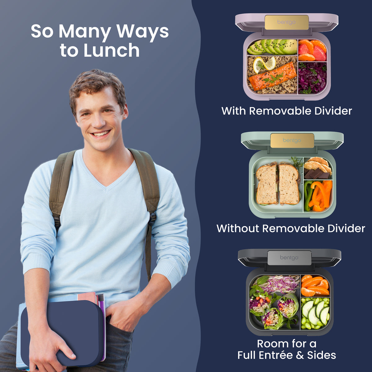 Bentgo® Modern Lunch Box - Navy | So Many Ways To Lunch - With Removable Divider, Without Removable Divider, and Room for a Full Entrée & Sides