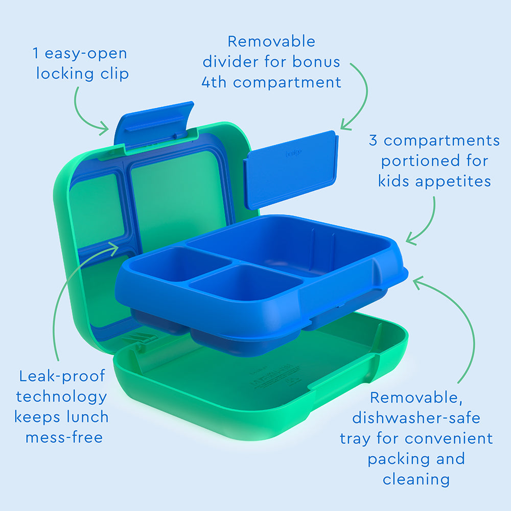 Bentgo® Pop Lunch Box- Spring Green/Blue | 1 Easy-Open Locking Clip, Removable Divider For Bonus 4th Compartment, 3 Compartments Portioned For Kids Appetites, Leak-Proof Technology Keeps Lunch Mess-Free, And Removable, Dishwasher-Safe Tray For Convenient Packing And Cleaning