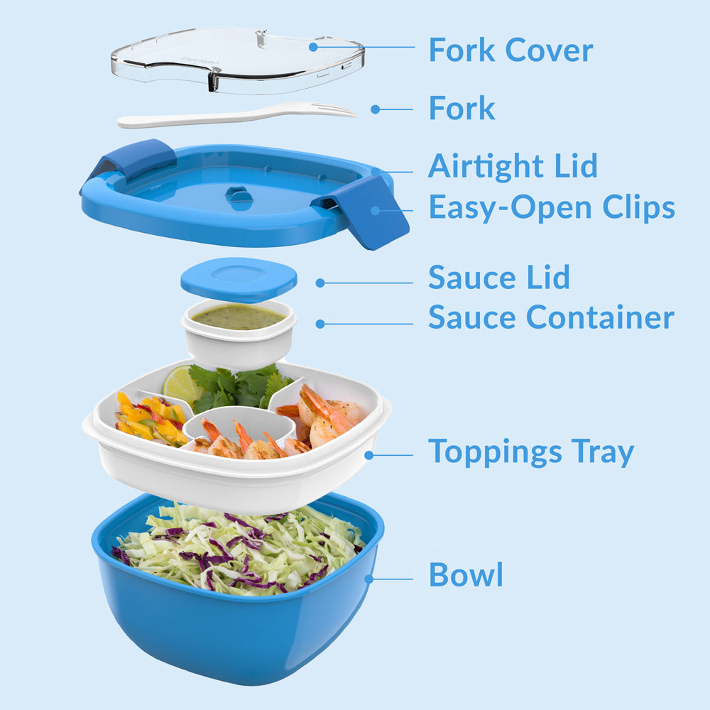 Bentgo® All-in-One Salad Container  - Blue | Includes Fork Cover, Fork, Airtight Lid, Easy-Open Clips, Sauce Lid, Sauce Container, Toppings Tray, And Bowl