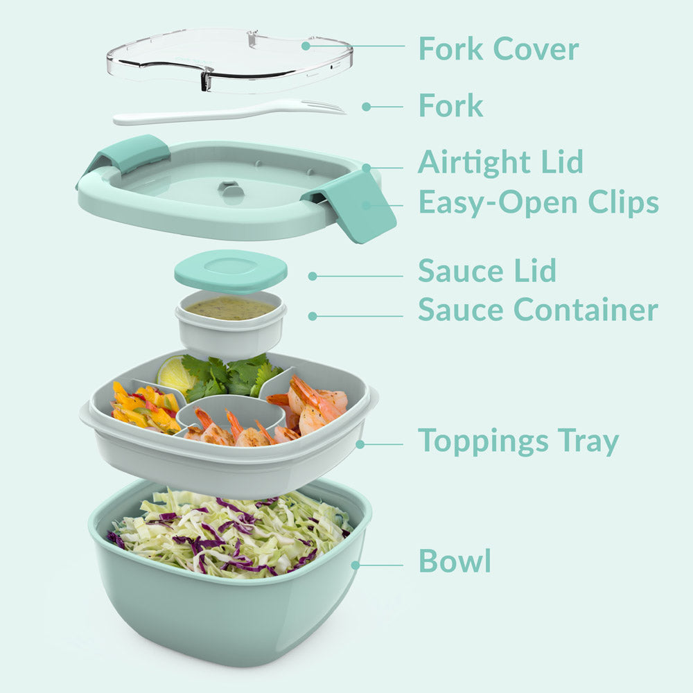 Bentgo® All-in-One Salad Container  - Coastal Aqua | Includes Fork Cover, Fork, Airtight Lid, Easy-Open Clips, Sauce Lid, Sauce Container, Toppings Tray, And Bowl
