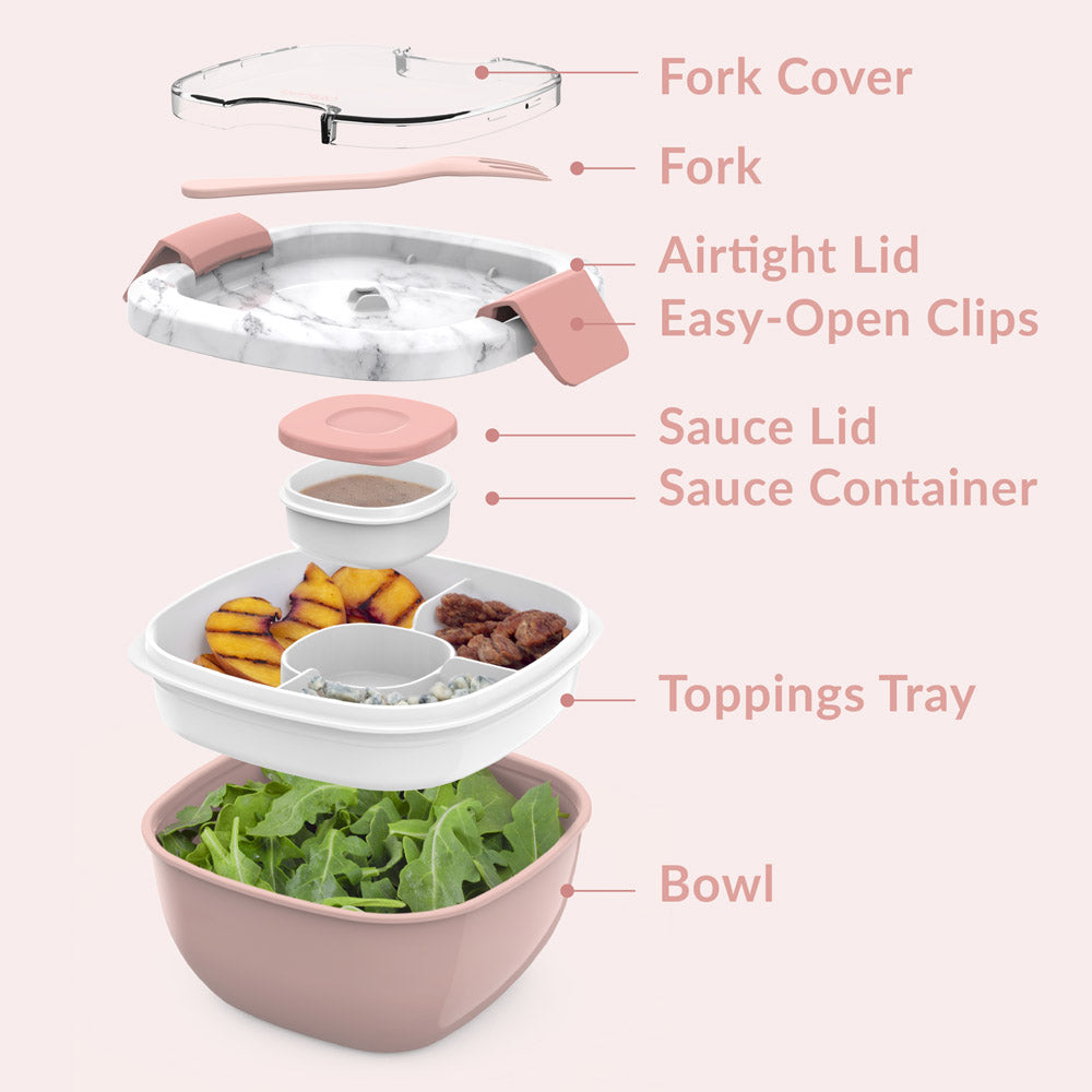 Bentgo® All-in-One Salad Container  - Blush Marble | Includes Fork Cover, Fork, Airtight Lid, Easy-Open Clips, Sauce Lid, Sauce Container, Toppings Tray, And Bowl