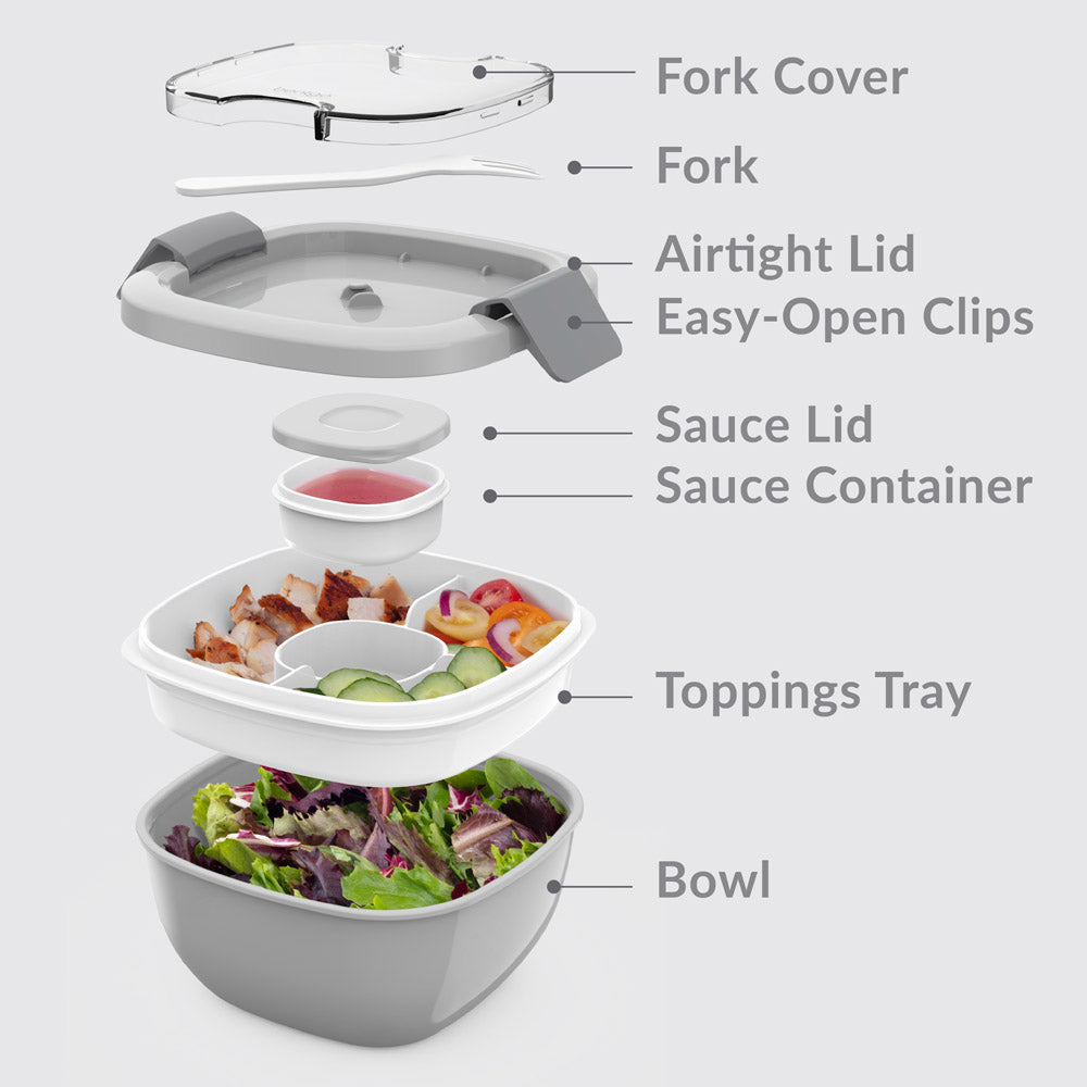 Bentgo® All-in-One Salad Container  - Gray | Includes Fork Cover, Fork, Airtight Lid, Easy-Open Clips, Sauce Lid, Sauce Container, Toppings Tray, And Bowl