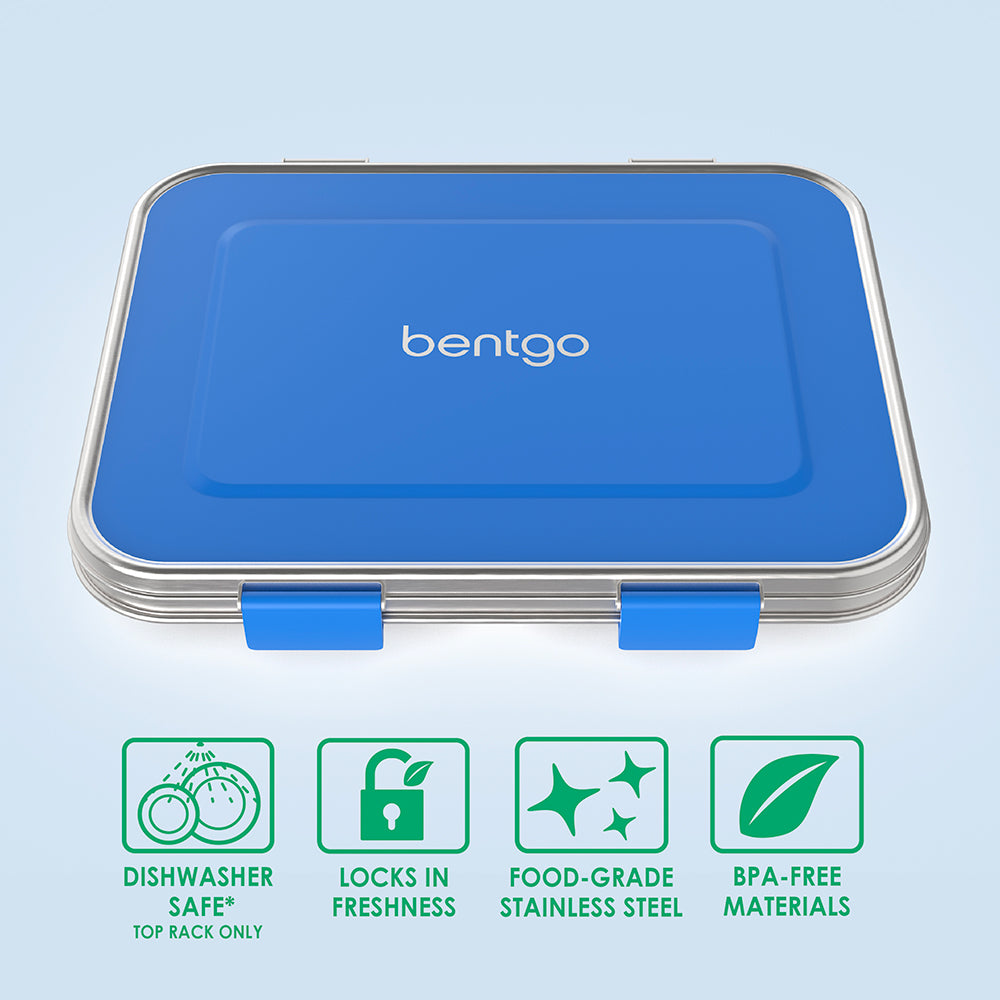 Bentgo® Kids Stainless Steel Lunch Box  - Blue | Dishwasher Safe (Top Rack Only), Locks In Freshness, Food-Grade Stainless Steel, And Made With BPA-Free Materials