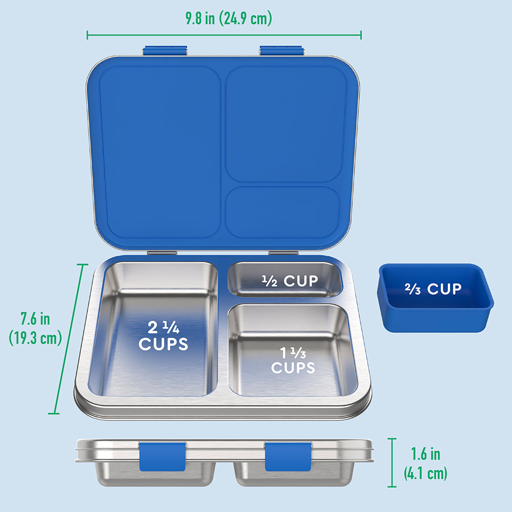 Bentgo® Kids Stainless Steel Lunch Box  - Blue | What’s In The Box + Dimensions