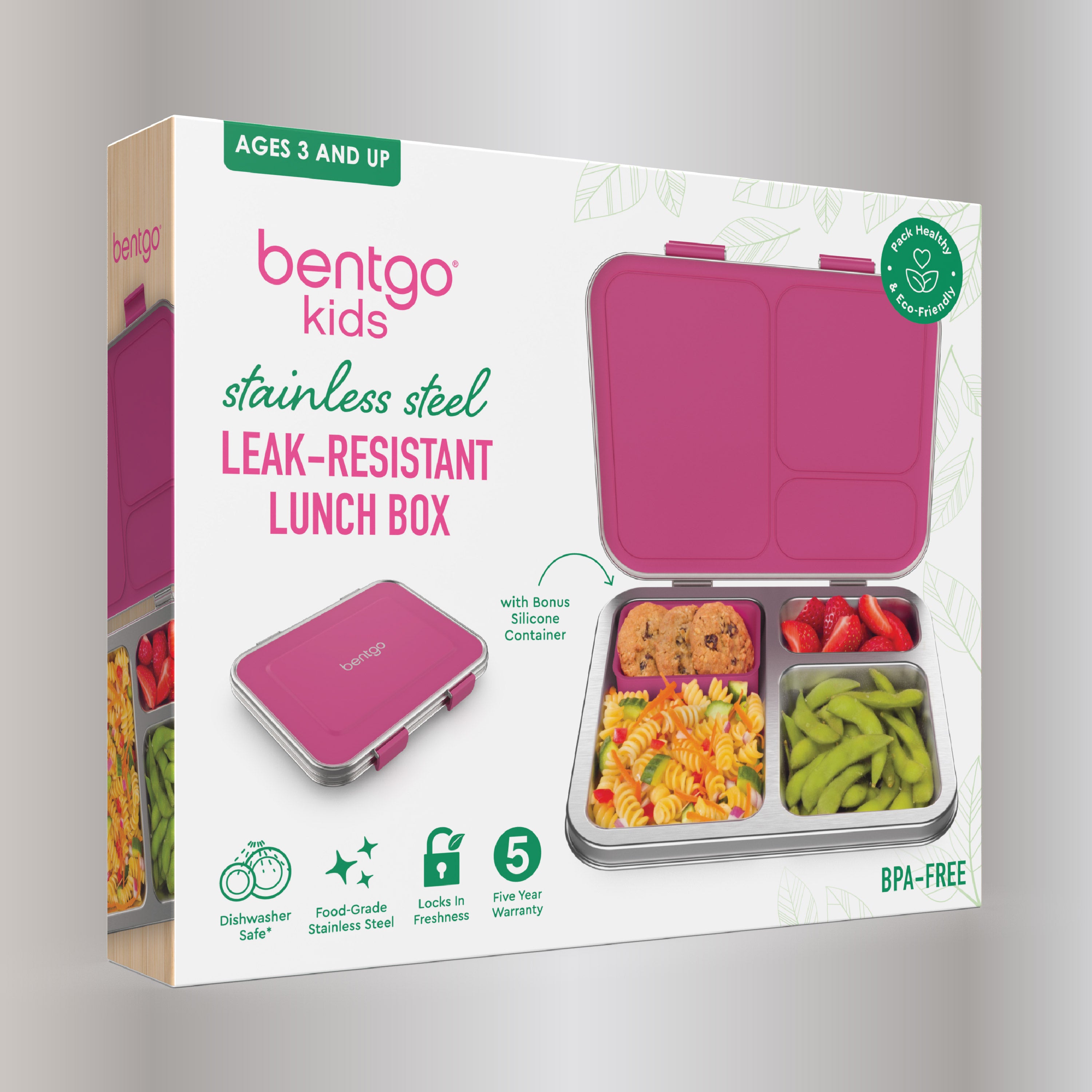 Bentgo Kids Stainless Steel Lunch Box (2-Pack) - Fuchsia | Packaging
