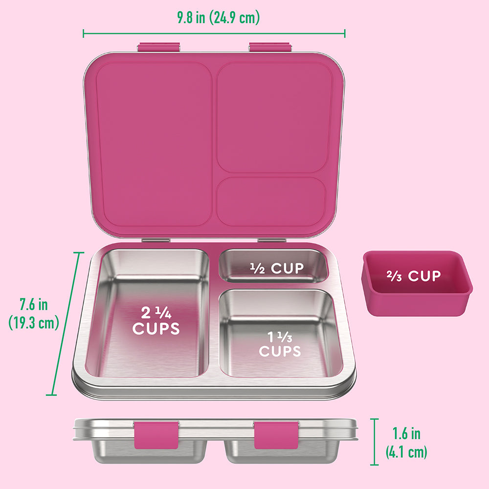 Bentgo® Kids Stainless Steel Lunch Box  - Fuchsia | What’s In The Box + Dimensions
