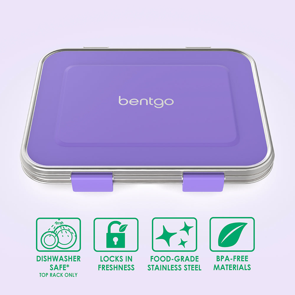 Bentgo® Kids Stainless Steel Lunch Box  - Purple | Dishwasher Safe (Top Rack Only), Locks In Freshness, Food-Grade Stainless Steel, And Made With BPA-Free Materials