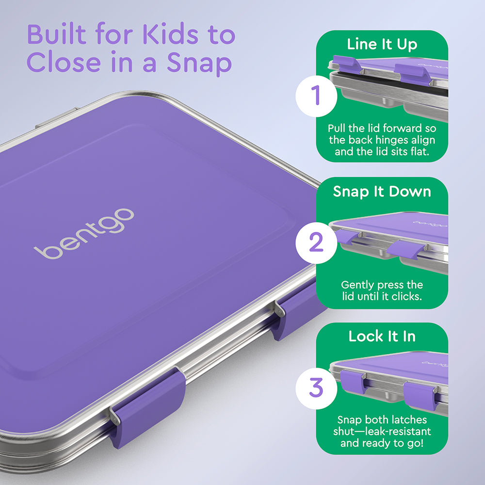 Bentgo® Kids Stainless Steel Lunch Box  - Purple | Built for Kids to Close in a Snap | Line It Up, Snap It Down, and Lock It In