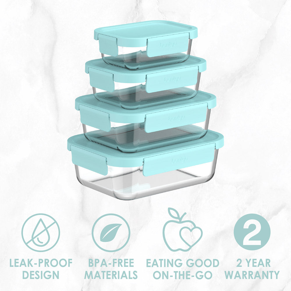 Bentgo® Glass Leak-Proof Food Storage Set (8-Piece) - Soft Aqua | Leak-Proof Design, BPA-Free Materials, Eating Good On-The-Go, And Comes With A 2 Year Warranty