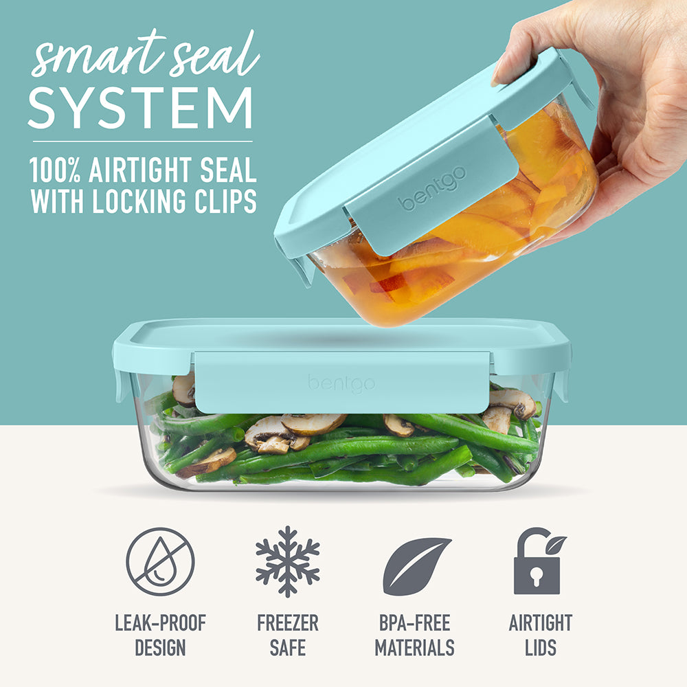 Bentgo Glass Leak-Proof Food Storage Set (4-Piece) - Soft Aqua | Smart Seal System - 100% Airtight Seal With Locking Clips