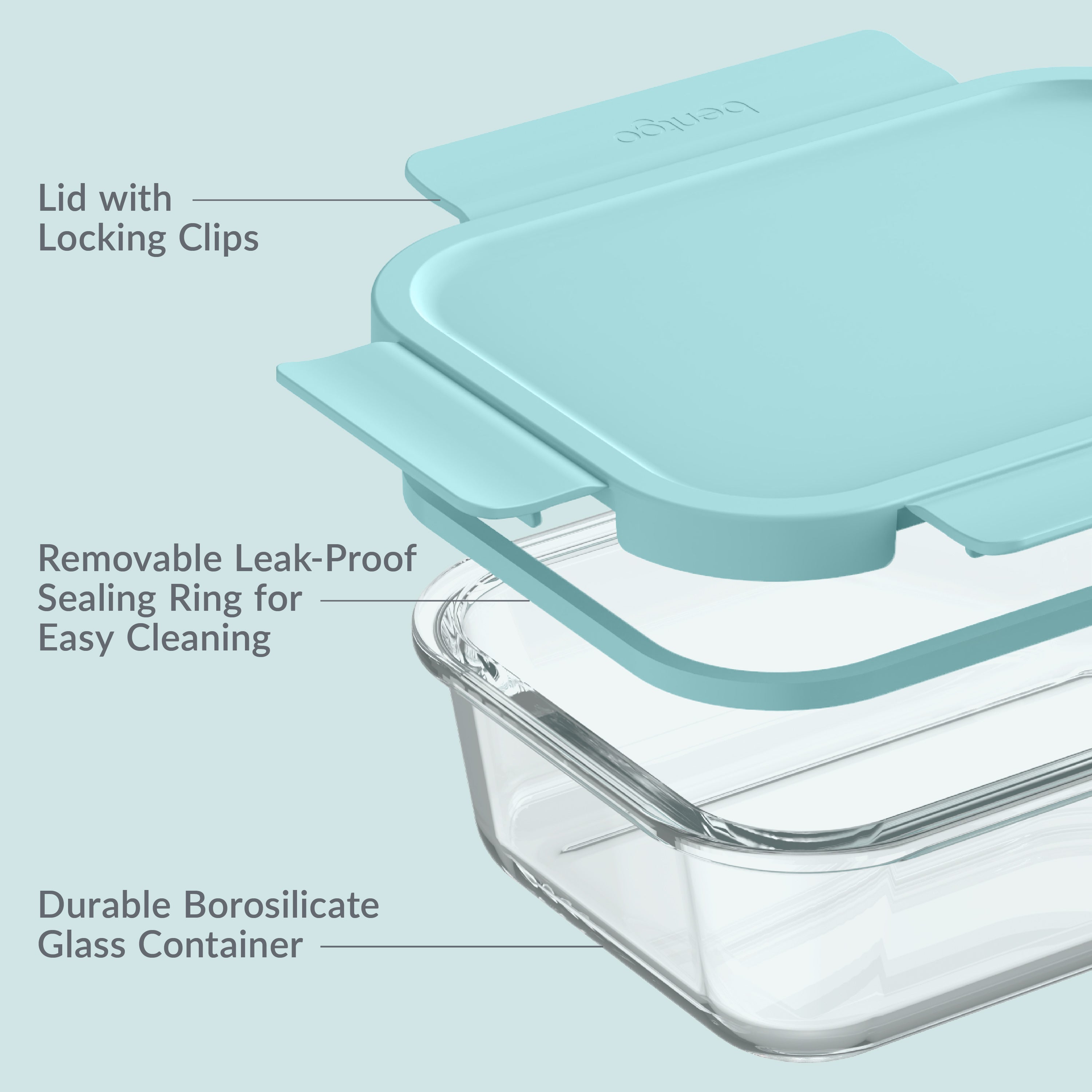 Bentgo® Glass Leak-Proof Food Storage Set (4-Piece) - Soft Aqua | Lid With Locking Clips, Removable Leak-Proof Sealing Ring for Easy Cleaning, And Durable Borosilicate Glass Container