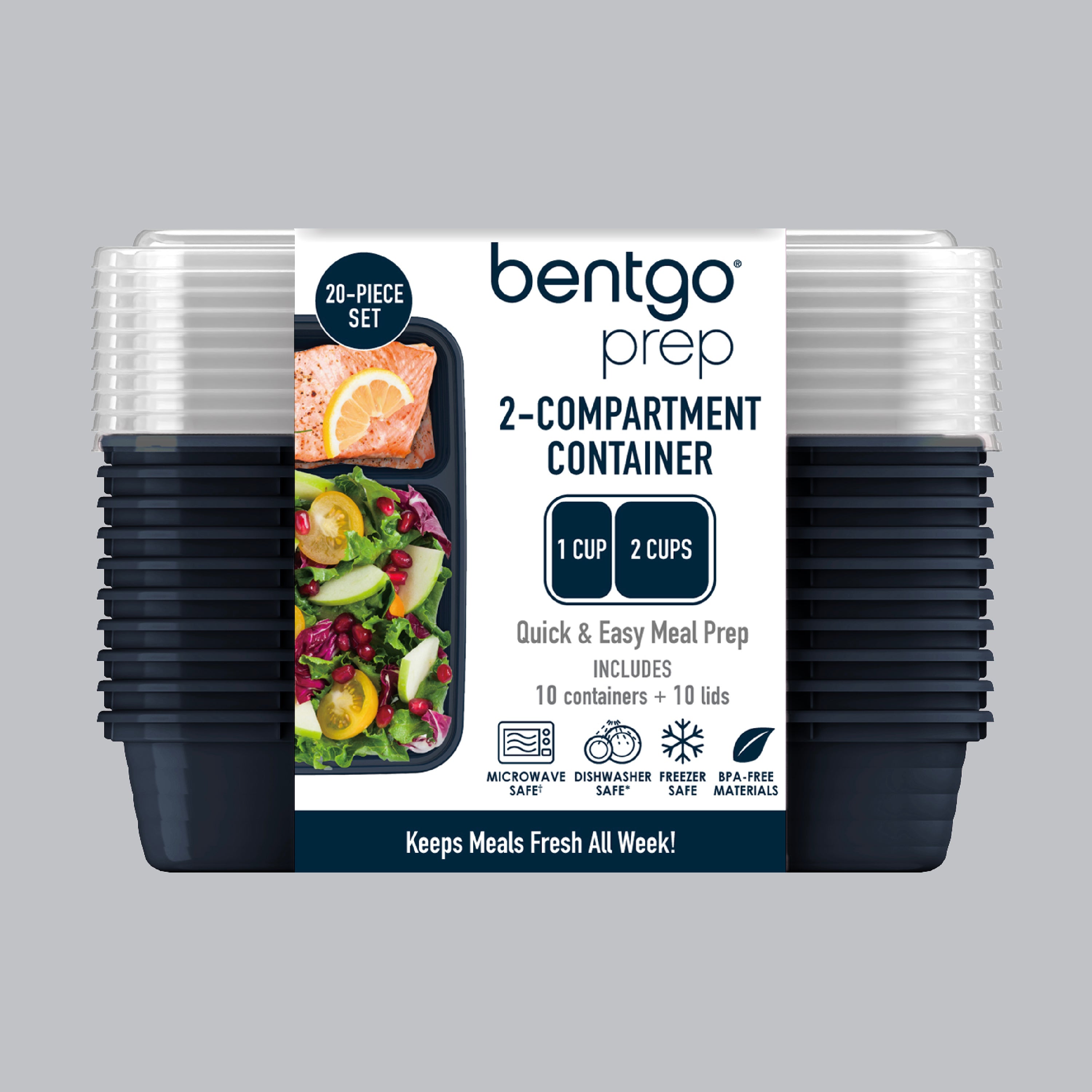 Bentgo® Prep 2-Compartment Meal Prep Containers (20-Piece)  - Navy Blue | Packaging