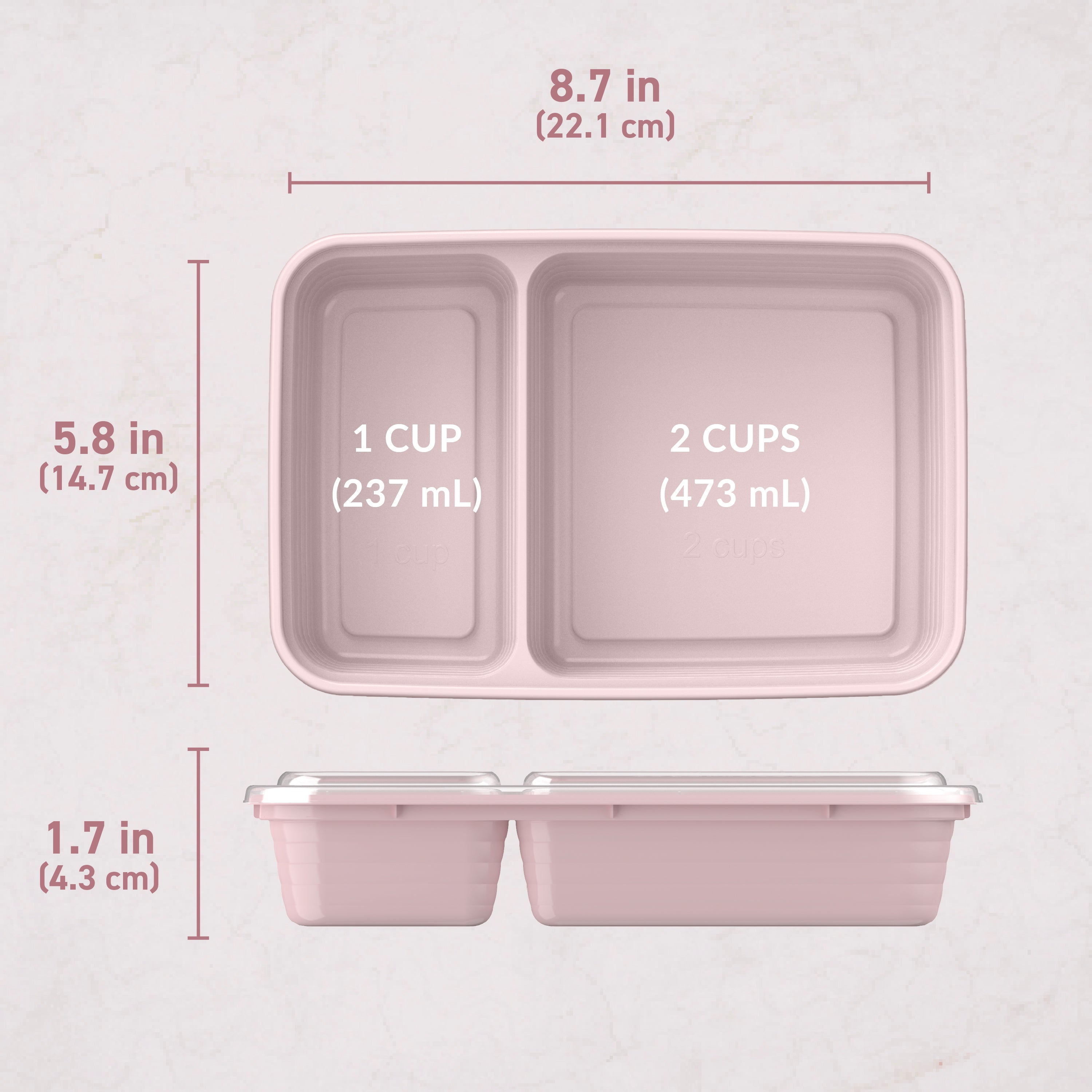 Bentgo® Prep 2-Compartment Meal Prep Containers (20-Piece)  - Blush Pink | Dimensions