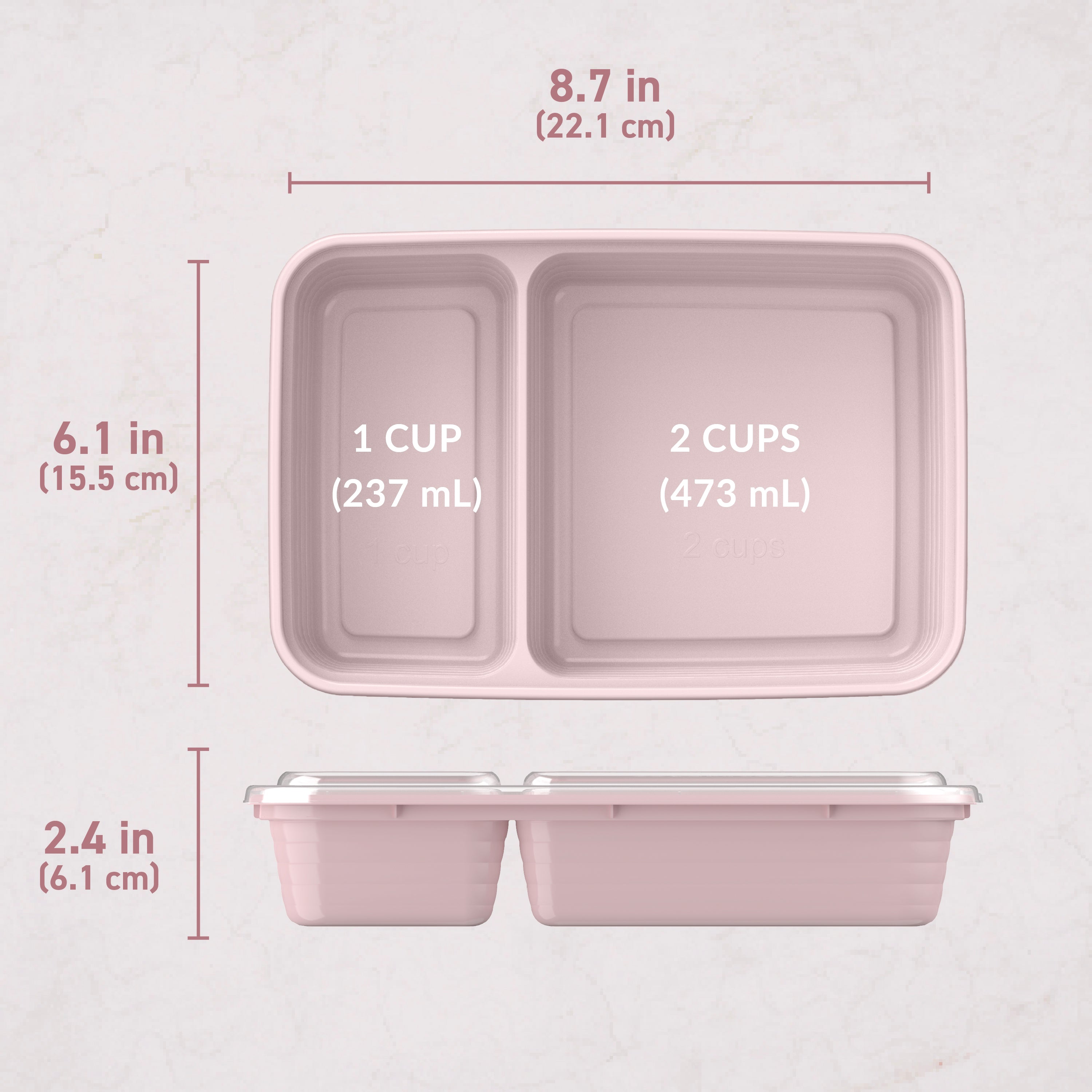 Bentgo® Prep 2-Compartment Meal Prep Containers (20-Piece)  - Blush Pink | Dimensions