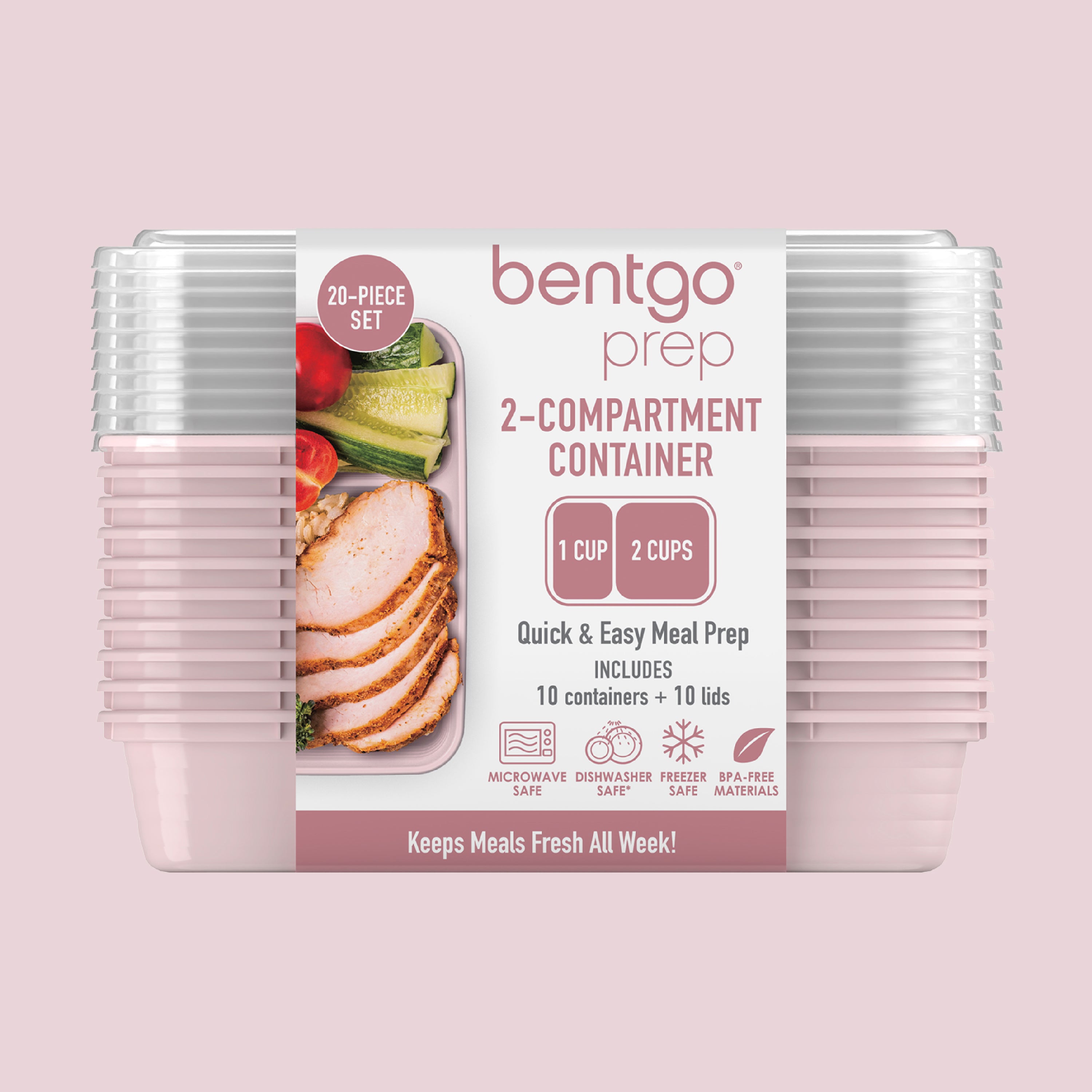Bentgo® Prep 2-Compartment Meal Prep Containers (20-Piece)  - Blush Pink | Packaging