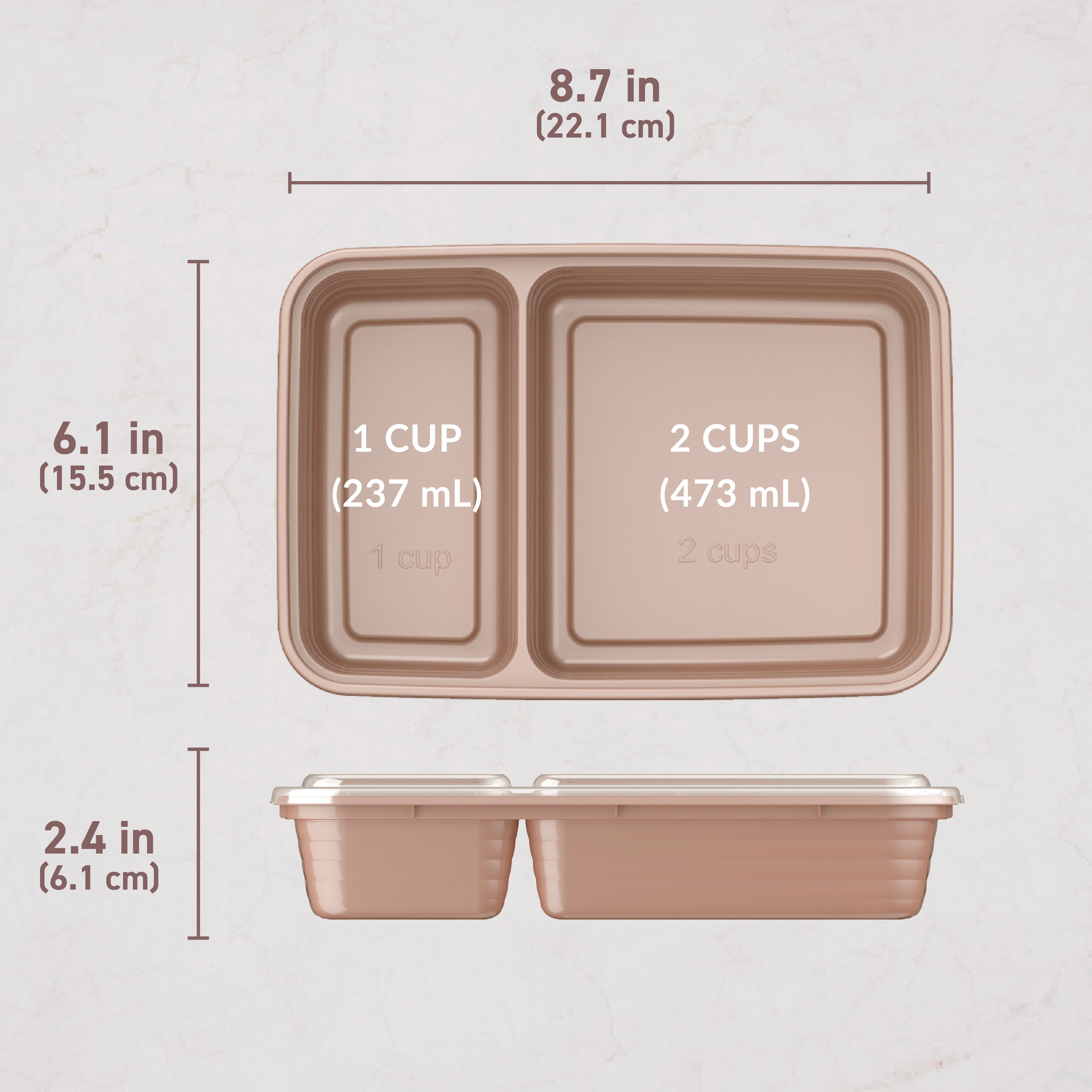 Bentgo® Prep 2-Compartment Meal Prep Containers (20-Piece)  - Rose Gold | Dimensions