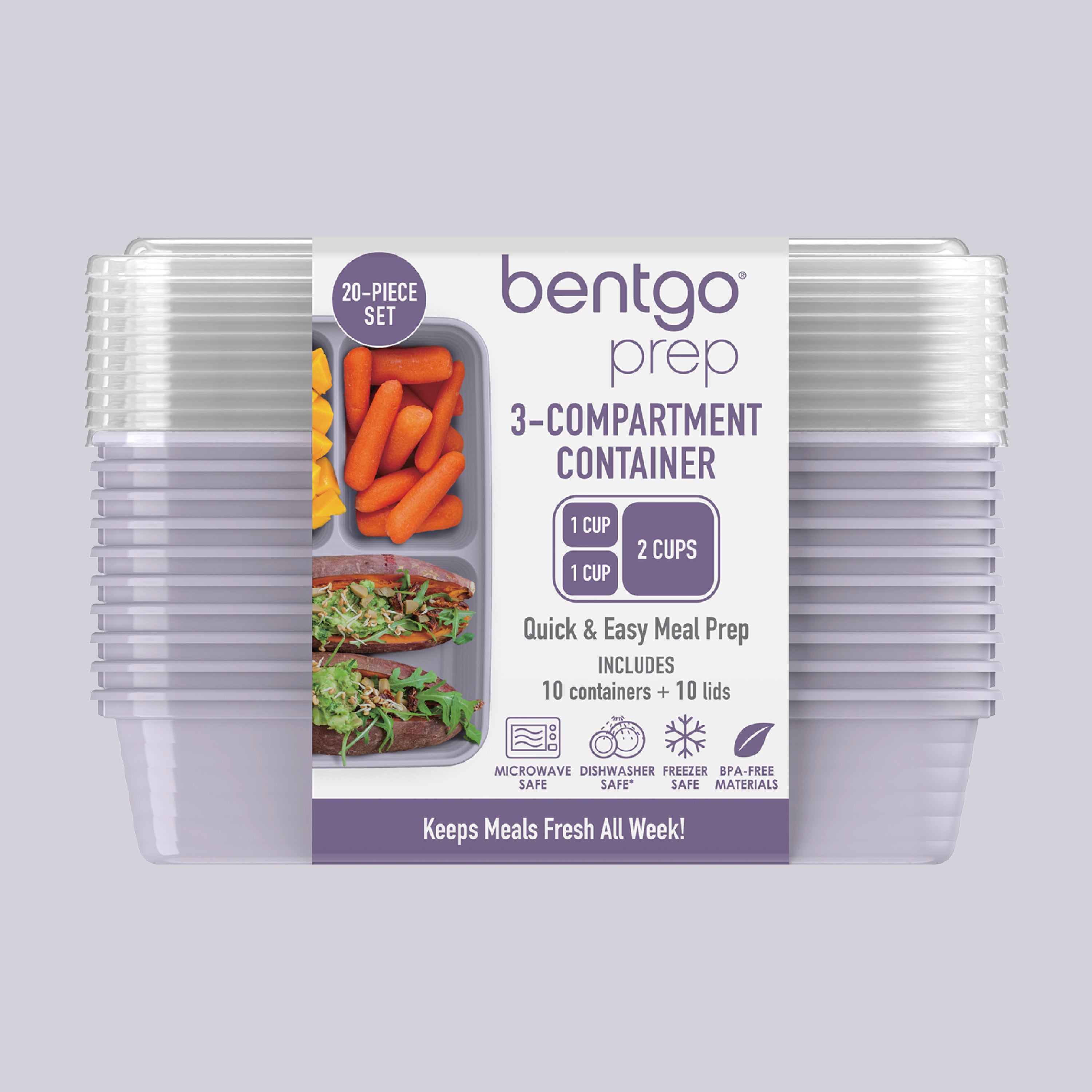Bentgo® Prep 3-Compartment Meal Prep Containers (20-Piece)  - Lilac | Packaging