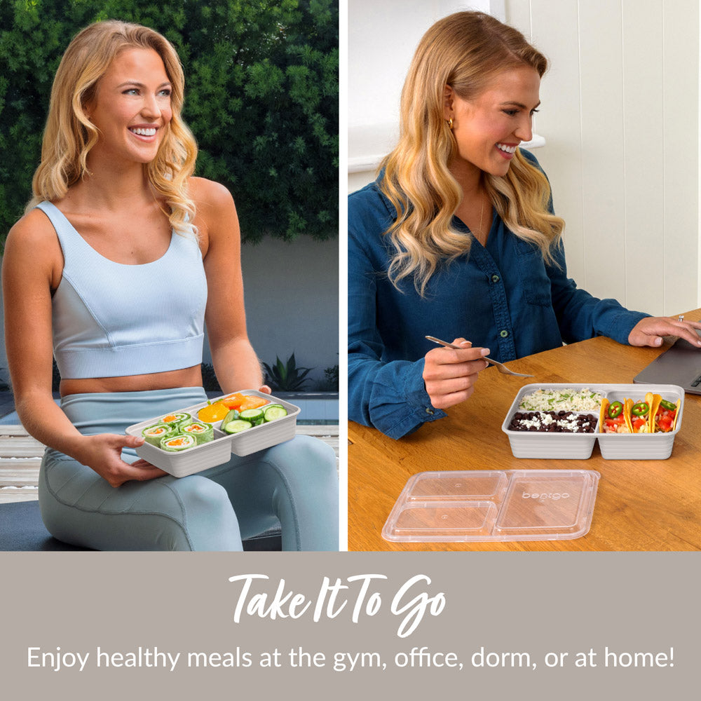 Bentgo® Prep 3-Compartment Meal Prep Containers in Stone Gray. Take it to go. Enjoy healthy meals at the gym, office, dorm, or at home!