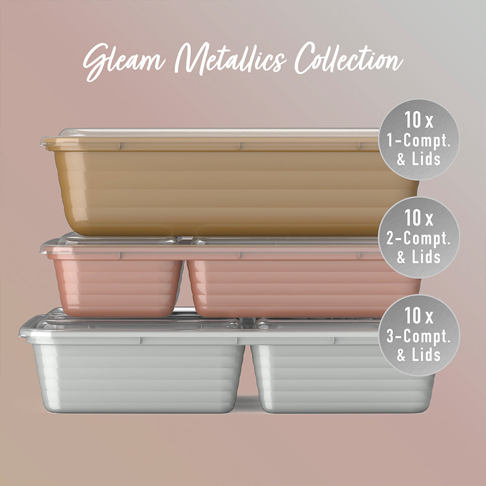 Bentgo® Prep 60-Piece Meal Prep Kit  - Gleam Metallics | 10x 1-Compartment & Lids, 10x 2-Compartment Containers & Lids And 30x 3-Compartment Containers & Lids