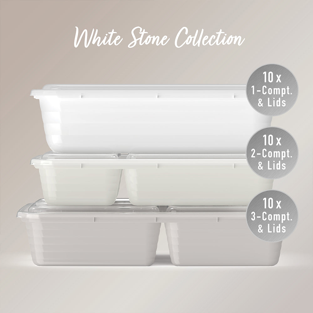 Bentgo® Prep 60-Piece Meal Prep Kit  - White Stone | 10x 1-Compartment & Lids, 10x 2-Compartment Containers & Lids And 30x 3-Compartment Containers & Lids