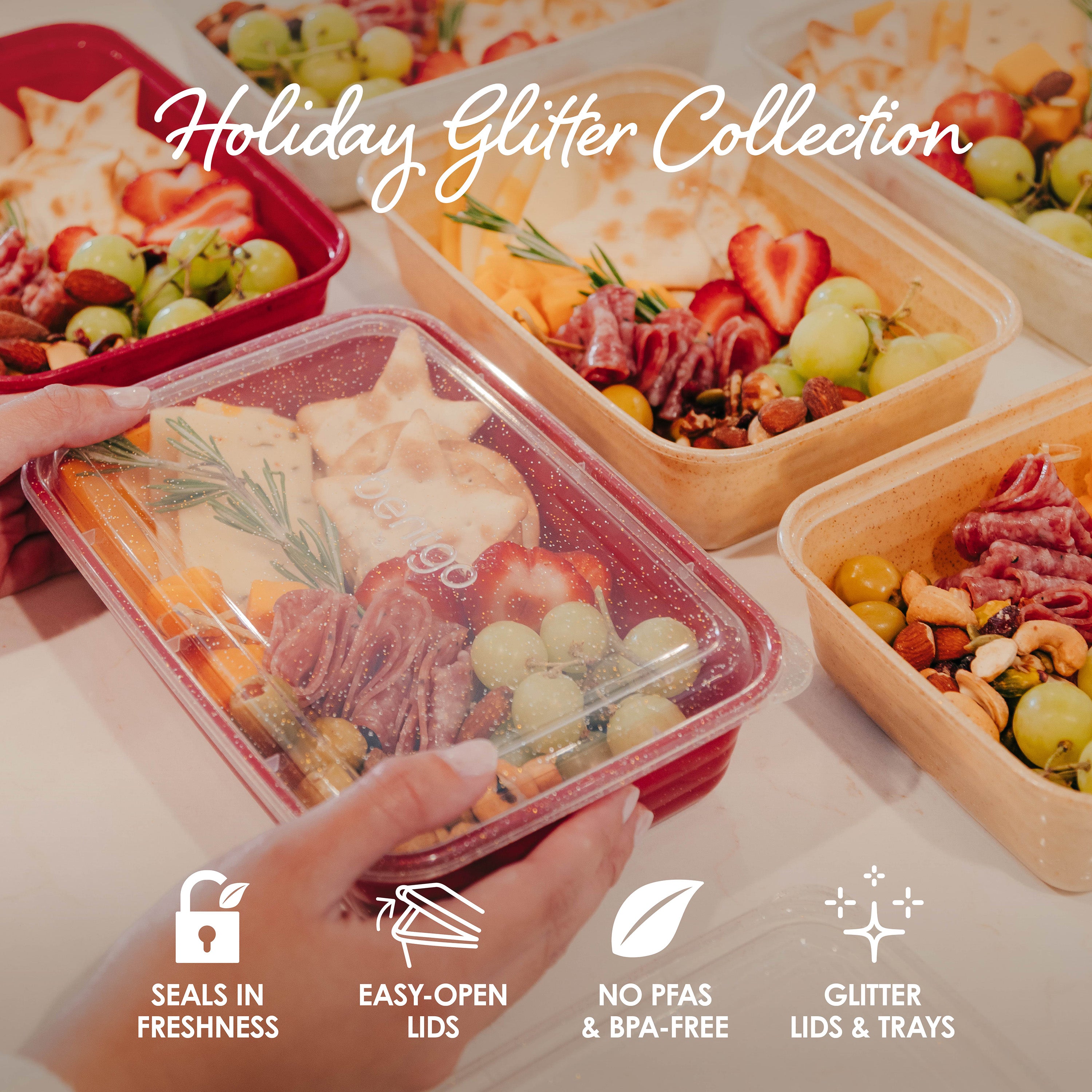 Bentgo® Prep Holiday Food Storage Set (60-Piece) - Holiday Glitter Collection | Seals In Freshness, Easy-Open Lids, No PFAS & BPA-Free, And Glitter Lids & Trays