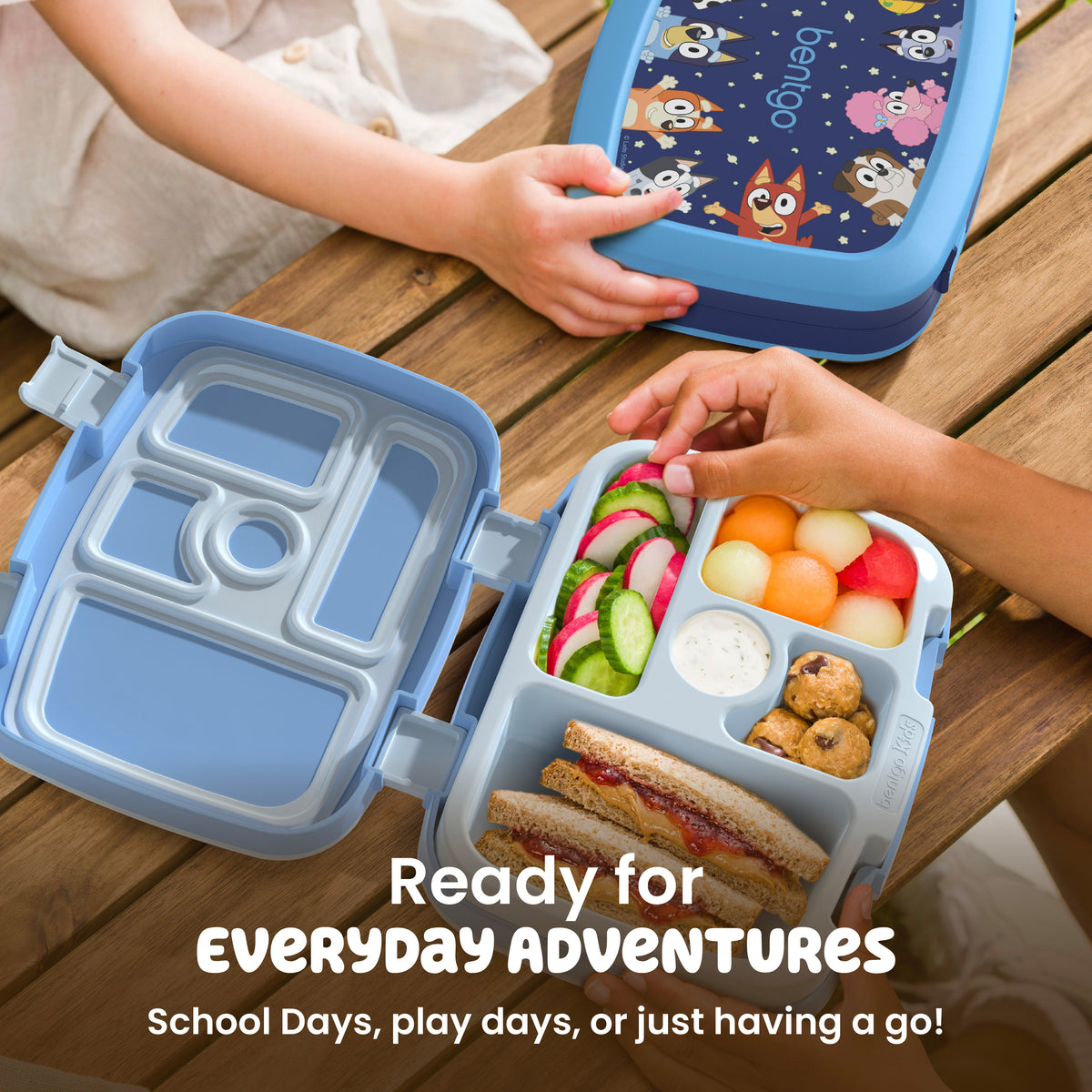 Bentgo® + Bluey Kids Prints Lunch Box (2-Pack) | Bluey’s Universe Two Pack - Dark Blue and Sky Blue - Ready For Everyday Adventures - School Days, Play Days, or Just Having a Go!