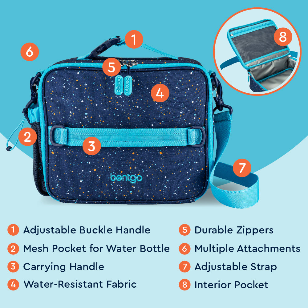 Bentgo® Kids Lunch Bag - Abyss Blue Speckle Confetti | Adjustable Buckle Handle, Mesh Pocket for Water Bottle, Carrying Handle, Water-Resistant Fabric, Durable Zippers, Multiple Attachments, Adjustable Strap, Interior Pocket
