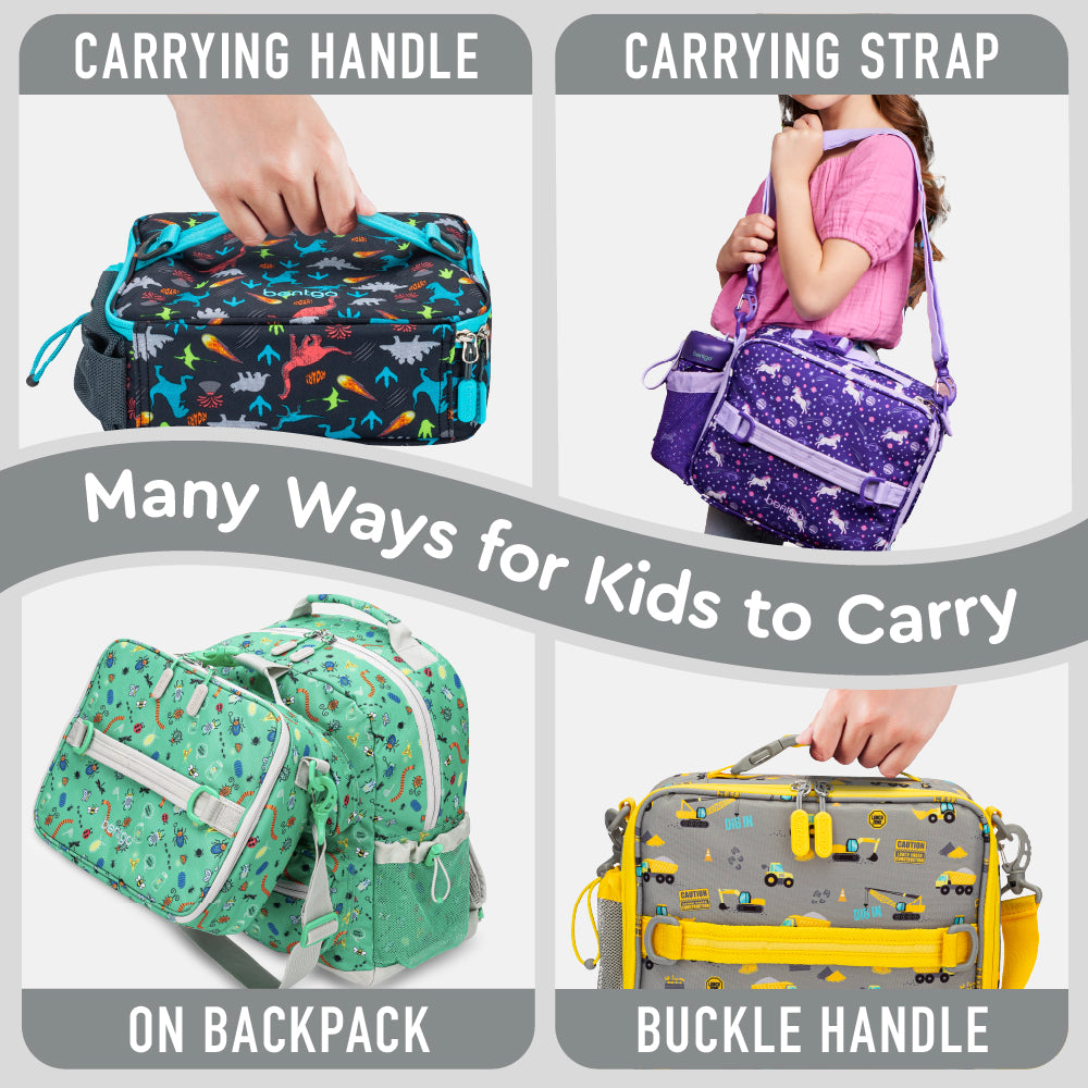 Bentgo® Kids Prints Lunch Bag - Construction Trucks | Many Ways For Kids To Carry - Carrying Handle, Shoulder Strap, On Backpack, And Buckle Handle