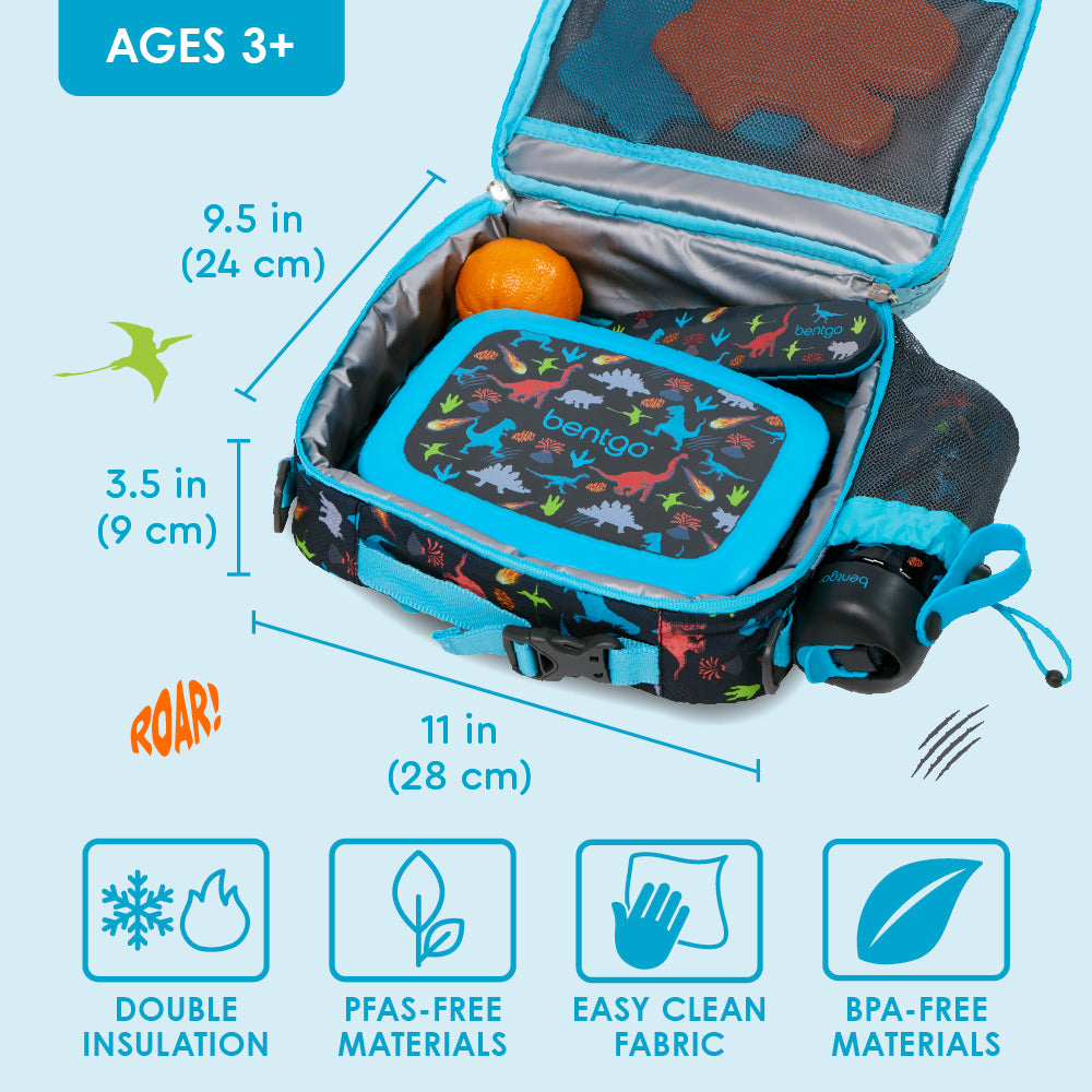 Bentgo® Kids Prints Lunch Bag - Dinosaur | Double Insulation, PFAS-Free Materials, Easy Clean Fabric, And Made With BPA-Free Materials
