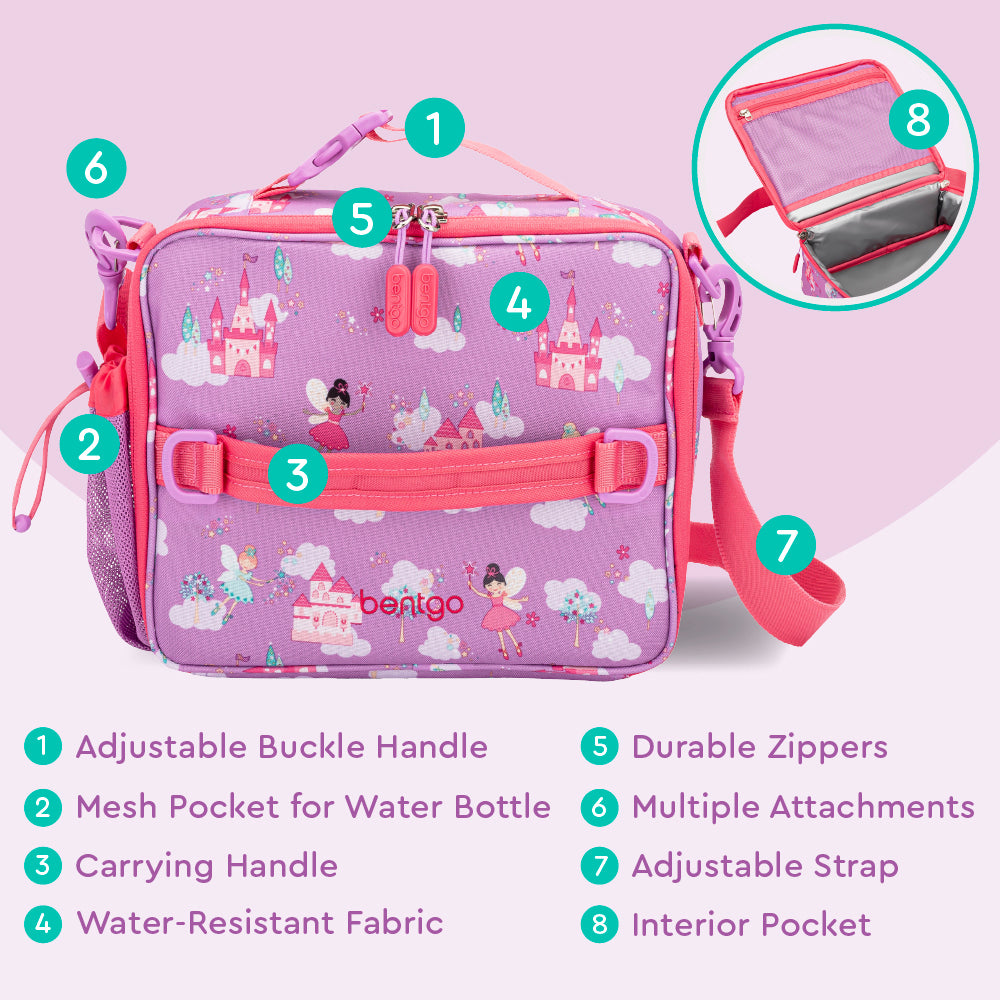 Bentgo® Kids Prints Lunch Bag - Fairies | Adjustable Buckle Handle, Mesh Pocket for Water Bottle, Carrying Handle, Water-Resistant Fabric, Durable Zippers, Multiple Attachments, Adjustable Strap, Interior Pocket