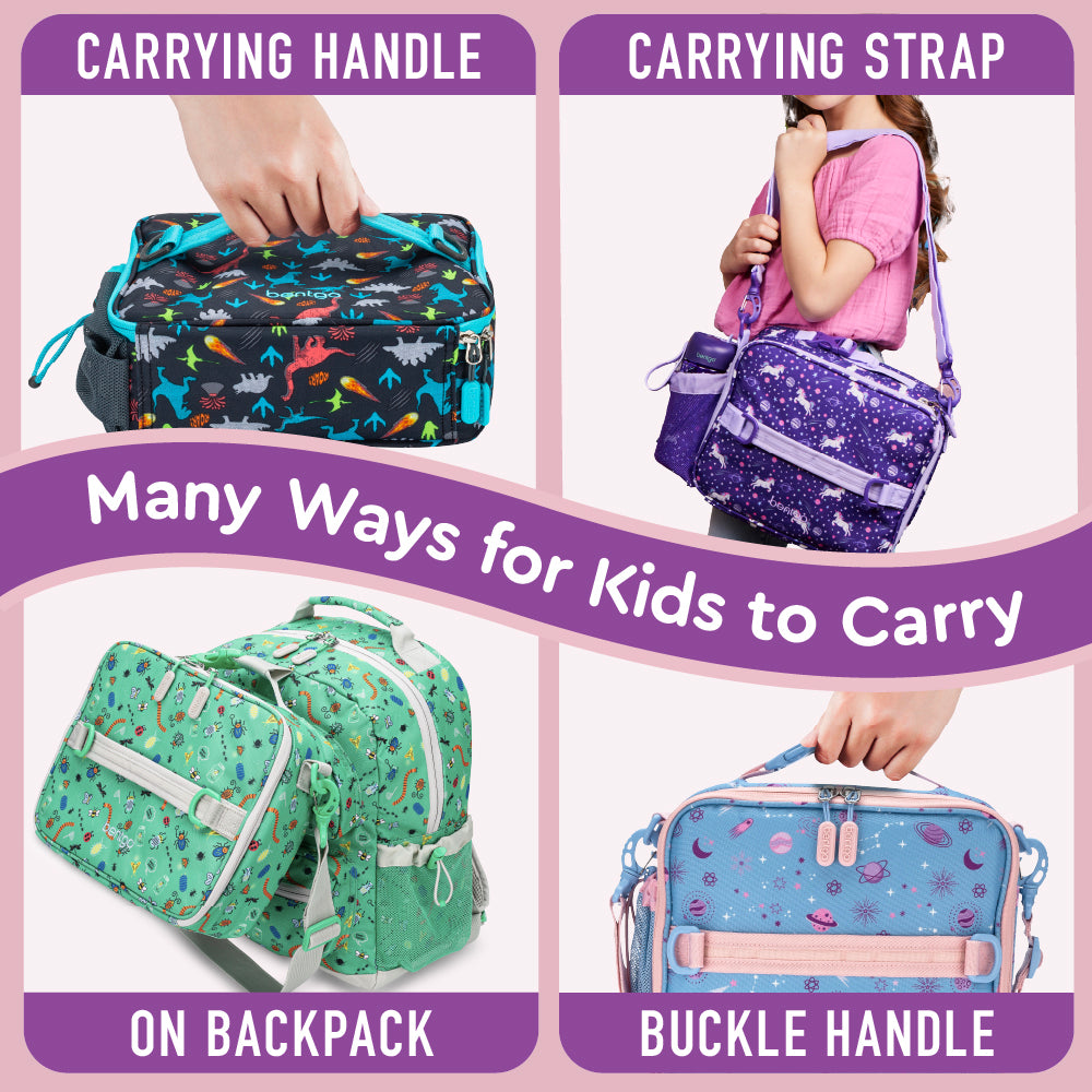 Bentgo® Kids Prints Lunch Bag - Lavender Galaxy | Many Ways For Kids To Carry - Carrying Handle, Shoulder Strap, On Backpack, And Buckle Handle