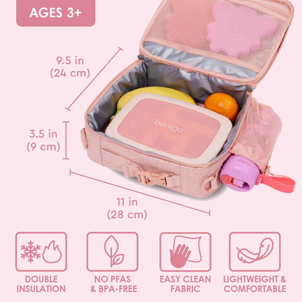 Bentgo® Kids Lunch Bag - Petal Pink Glitter | Double Insulation, NO PFAS & BPA-Free, Easy Clean Fabric, Lightweight & Comfortable