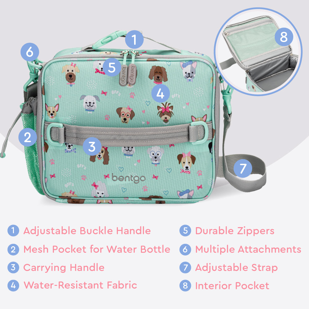 Bentgo® Kids Prints Lunch Bag - Puppy Love | Adjustable Buckle Handle, Mesh Pocket for Water Bottle, Carrying Handle, Water-Resistant Fabric, Durable Zippers, Multiple Attachments, Adjustable Strap, Interior Pocket