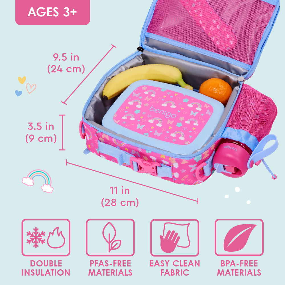 Bentgo® Kids Prints Lunch Bag - Rainbows and Butterflies | Double Insulation, No PFAS & BPA-Free And Easy Clean Fabric