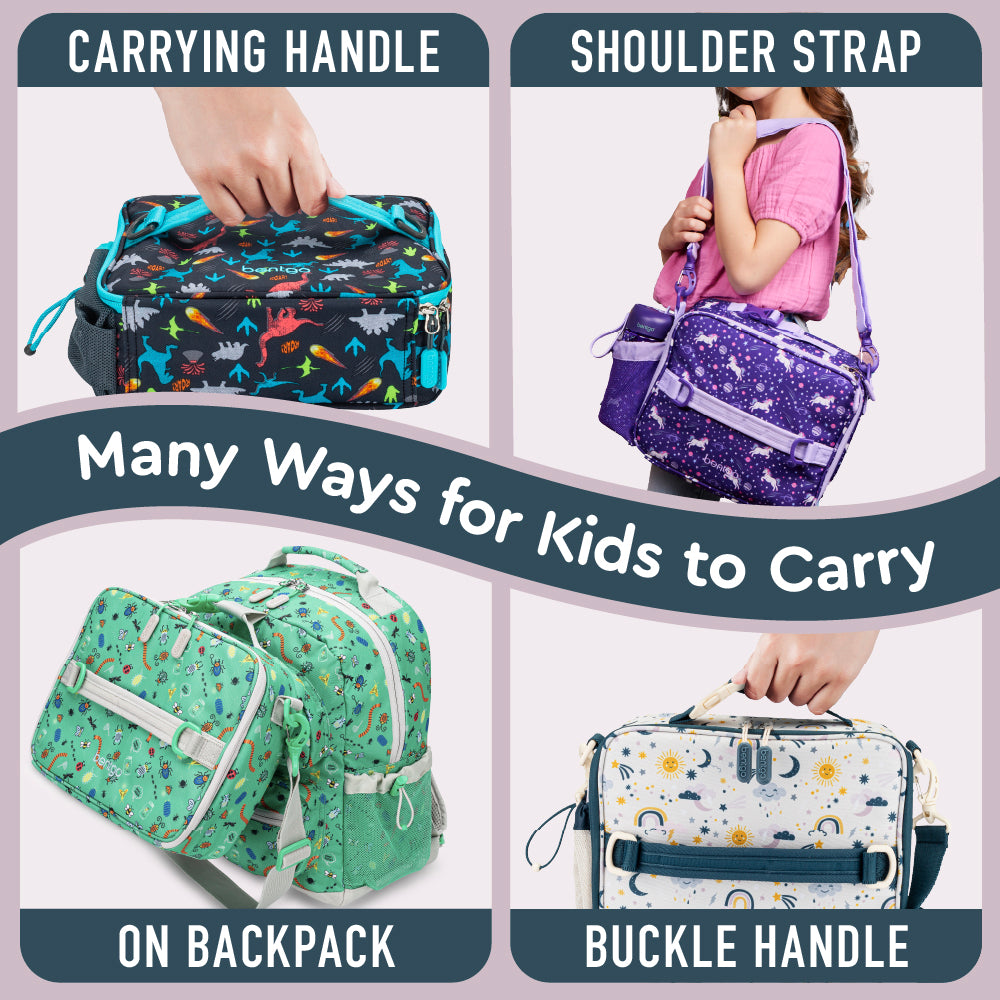 Bentgo® Kids Prints Lunch Bag - Friendly Skies | Many Ways For Kids To Carry - Carrying Handle, Shoulder Strap, On Backpack, And Buckle Handle