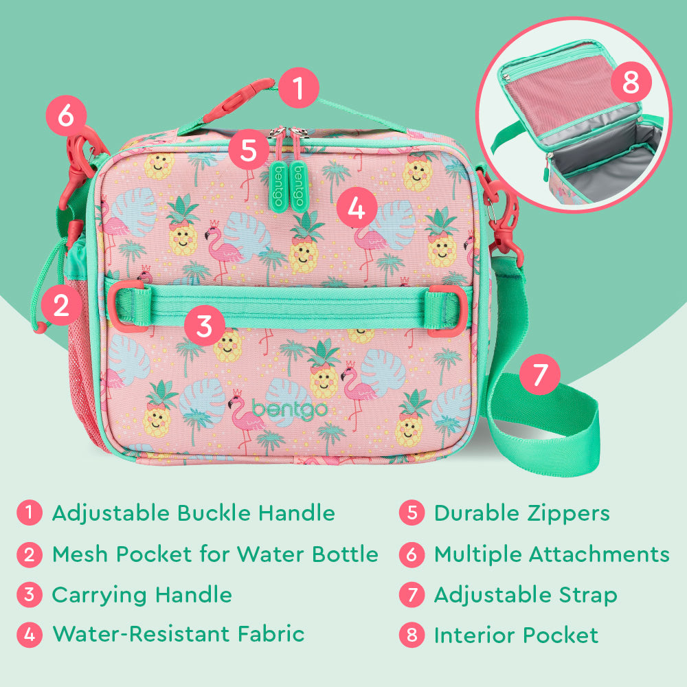 Bentgo® Kids Prints Lunch Bag - Tropical | Adjustable Buckle Handle, Mesh Pocket for Water Bottle, Carrying Handle, Water-Resistant Fabric, Durable Zippers, Multiple Attachments, Adjustable Strap, Interior Pocket