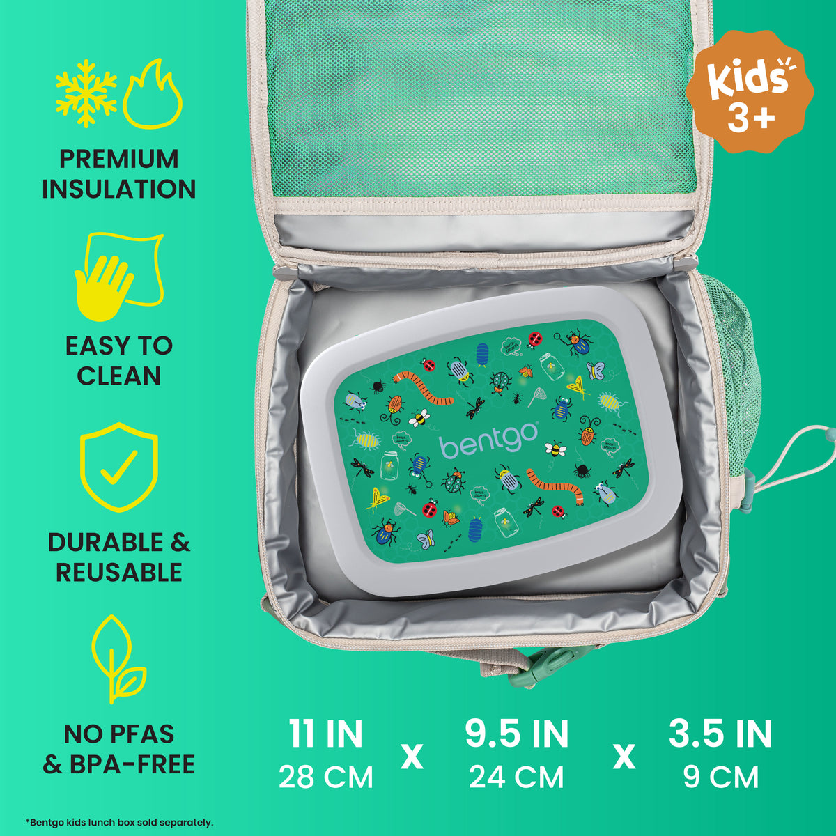 Bentgo® Kids Prints Lunch Bag - Bug Buddies | Premium Insulation, Easy To Clean, Durable & Reusable, and No PFAs & BPA-Free | Product Dimensions