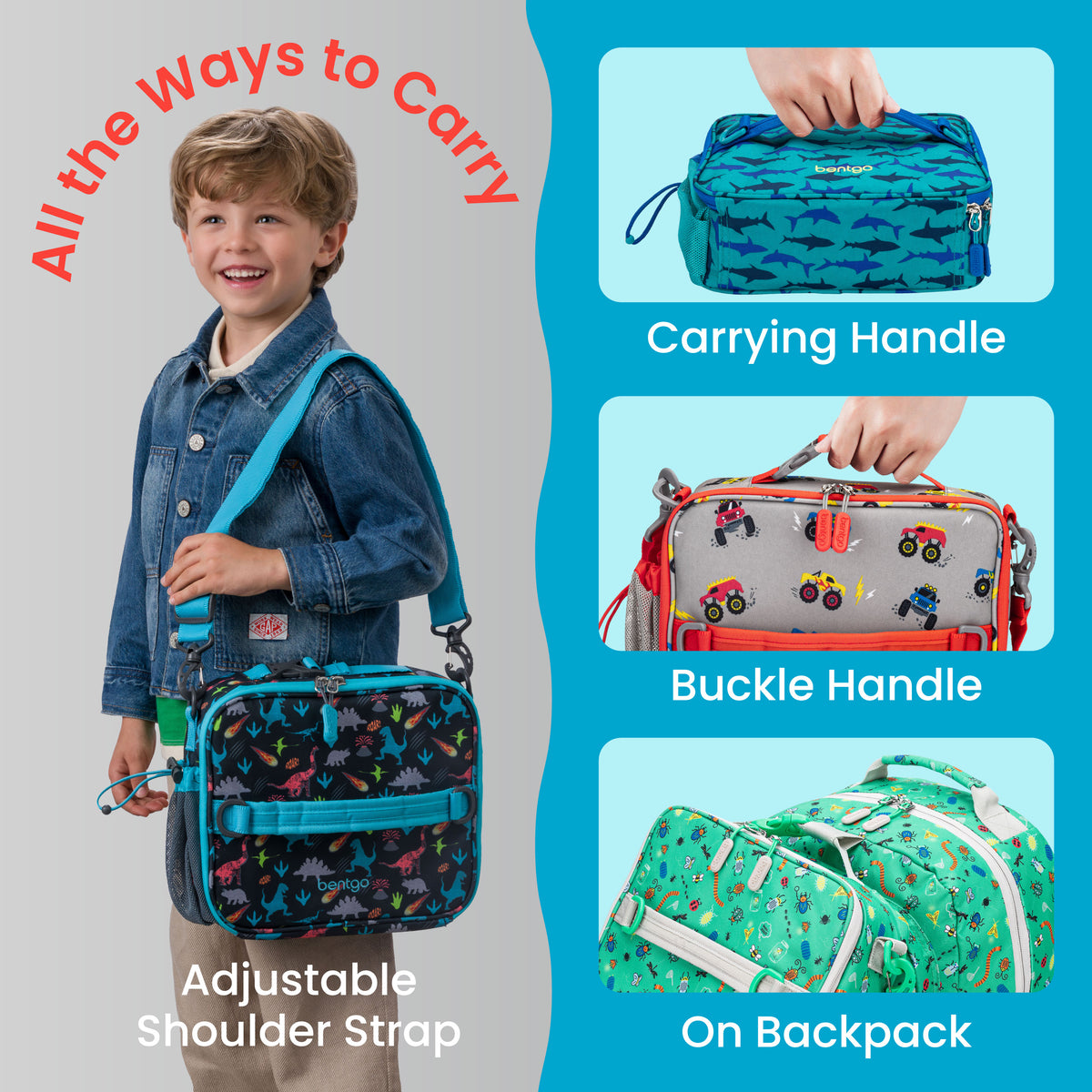 Bentgo® Kids Prints Lunch Bag - Dinosaur | All The Ways To Carry - Carrying Handle, Buckle Handle, and On Backpack