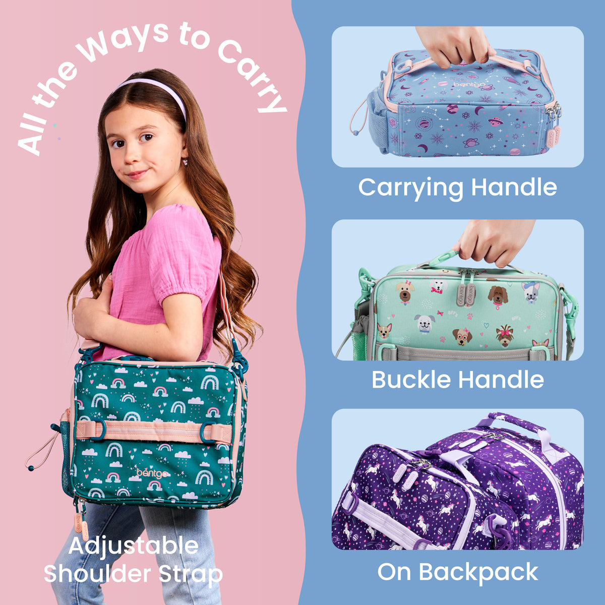 Bentgo® Kids Prints Lunch Bag - Lavender Galaxy | All The Ways To Carry - Carrying Handle, Buckle Handle, and On Backpack