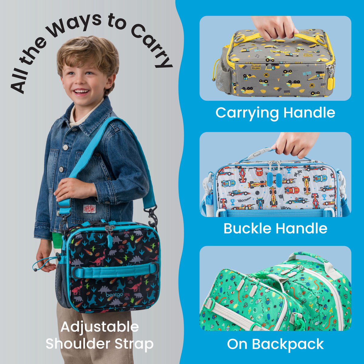 Bentgo® Kids Prints Lunch Bag - Race Cars | All The Ways To Carry - Carrying Handle, Buckle Handle, and On Backpack