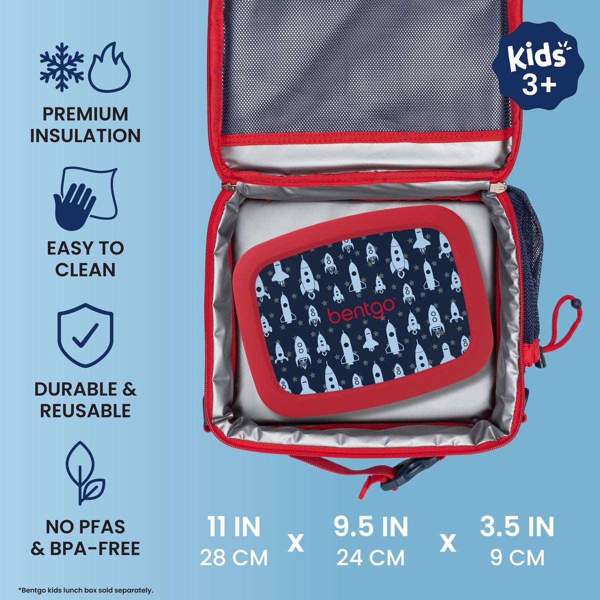 Bentgo® Kids Prints Lunch Bag - Space Rockets | Premium Insulation, Easy To Clean, Durable & Reusable, and No PFAs & BPA-Free | Product Dimensions