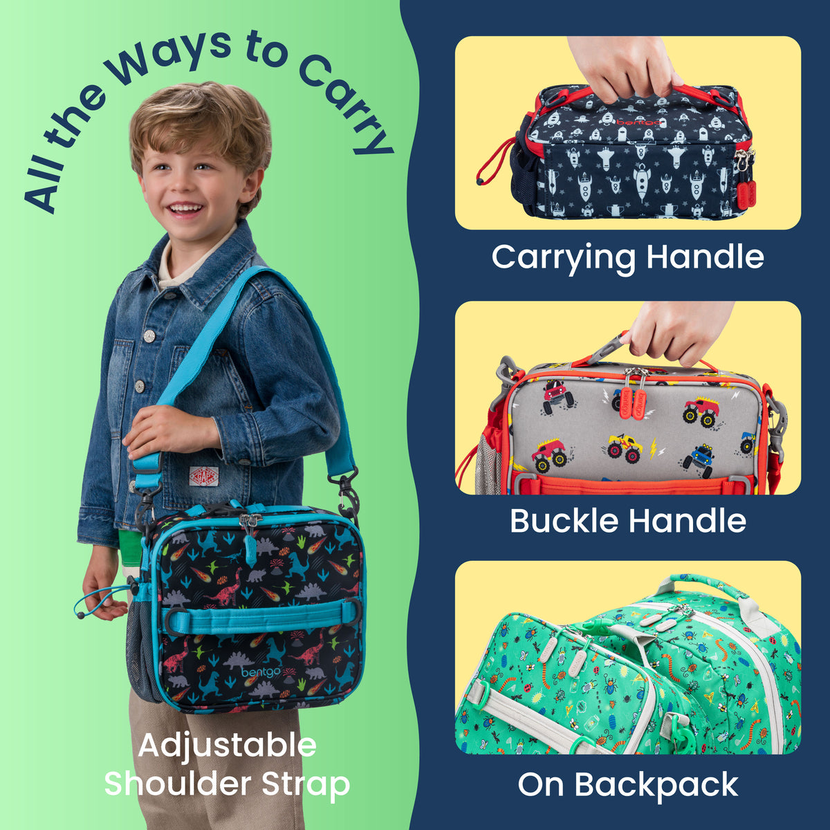 Bentgo® Kids Prints Lunch Bag - Space | All The Ways To Carry - Carrying Handle, Buckle Handle, and On Backpack
