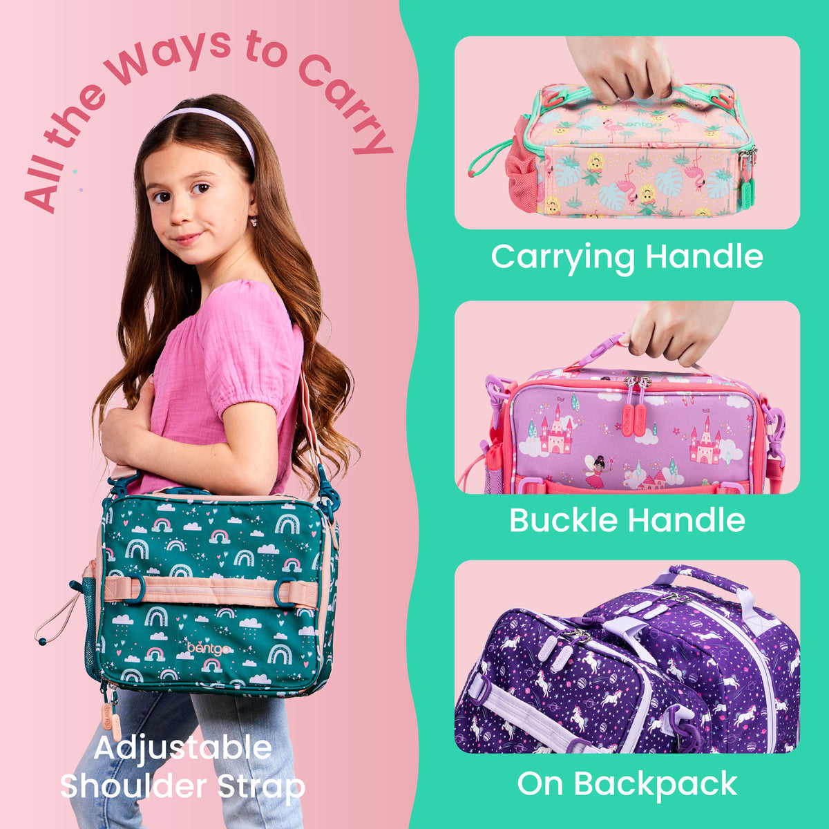 Bentgo® Kids Prints Lunch Bag - Tropical | All The Ways To Carry - Carrying Handle, Buckle Handle, and On Backpack
