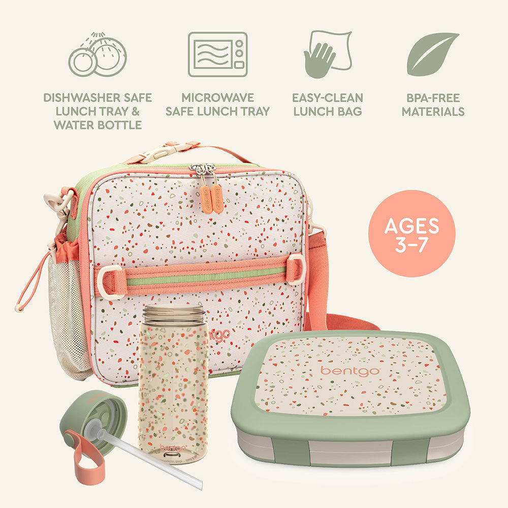 Bentgo Kids Whimsy & Wonder Prints Pack  - Geo Speckle | Dishwasher Safe Lunch Tray & Water Bottle, Microwave Safe Lunch Tray, Easy-Clean Lunch Bag, And BPA-Free Materials