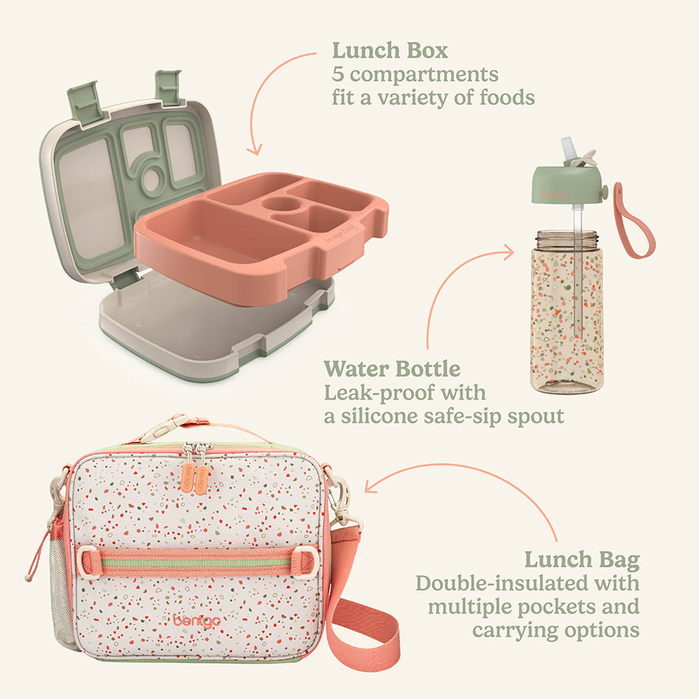 Bentgo Kids Whimsy & Wonder Prints Pack  - Geo Speckle | Lunch Box, Water Bottle, And Lunch Bag