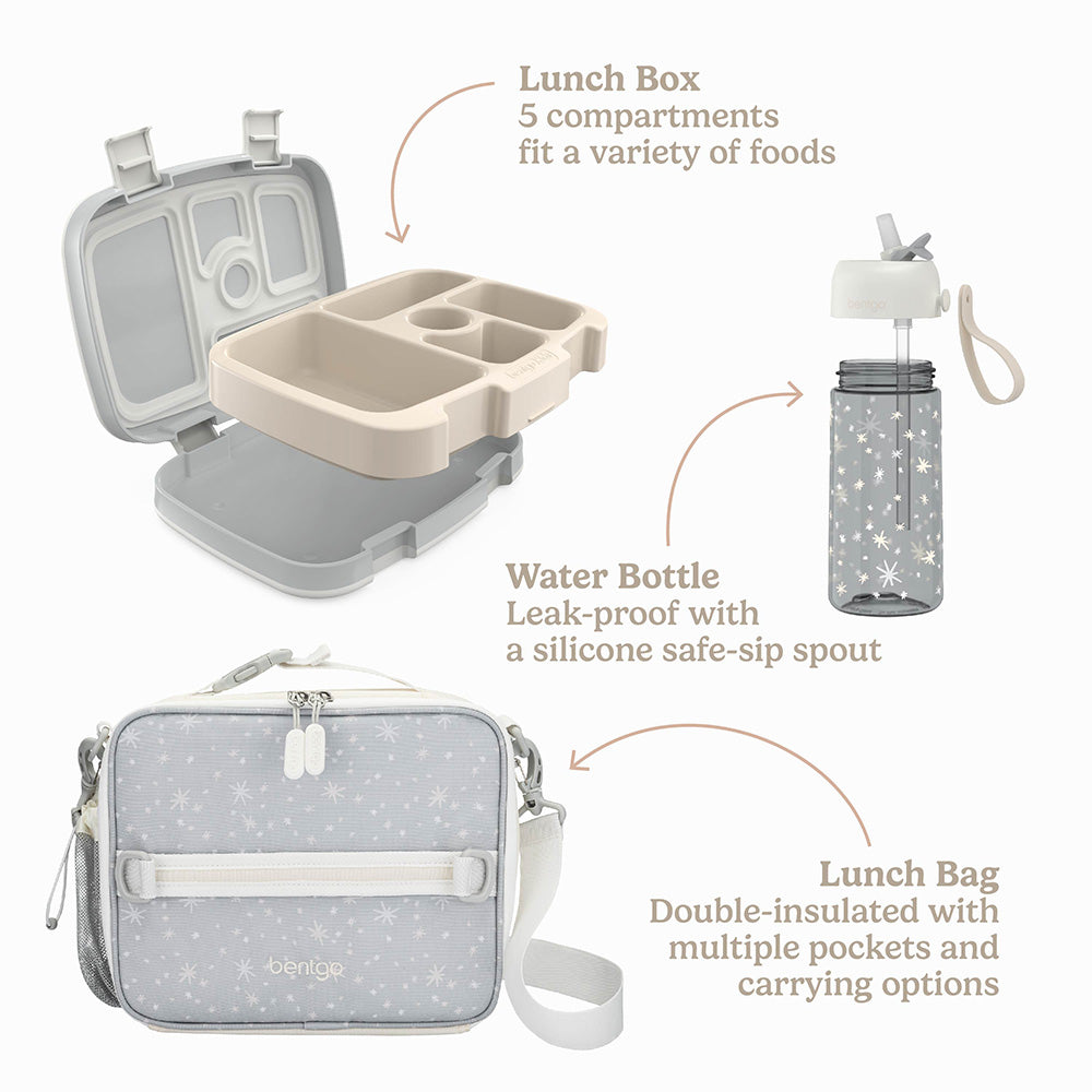 Bentgo Kids Whimsy & Wonder Prints Pack  - Starry Sprinkle | Lunch Box, Water Bottle, And Lunch Bag