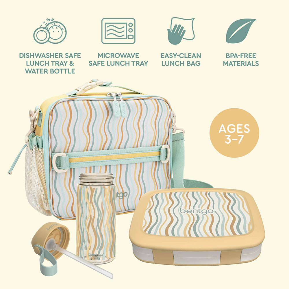 Bentgo Kids Whimsy & Wonder Prints Pack  - Wavy | Dishwasher Safe Lunch Tray & Water Bottle, Microwave Safe Lunch Tray, Easy-Clean Lunch Bag, And BPA-Free Materials